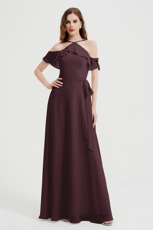 Natural Flutter Sleeves Halter Bridesmaid Dresses Chiffon A-Line Ruffle Sashes/Ribbons Bow Evening Dress