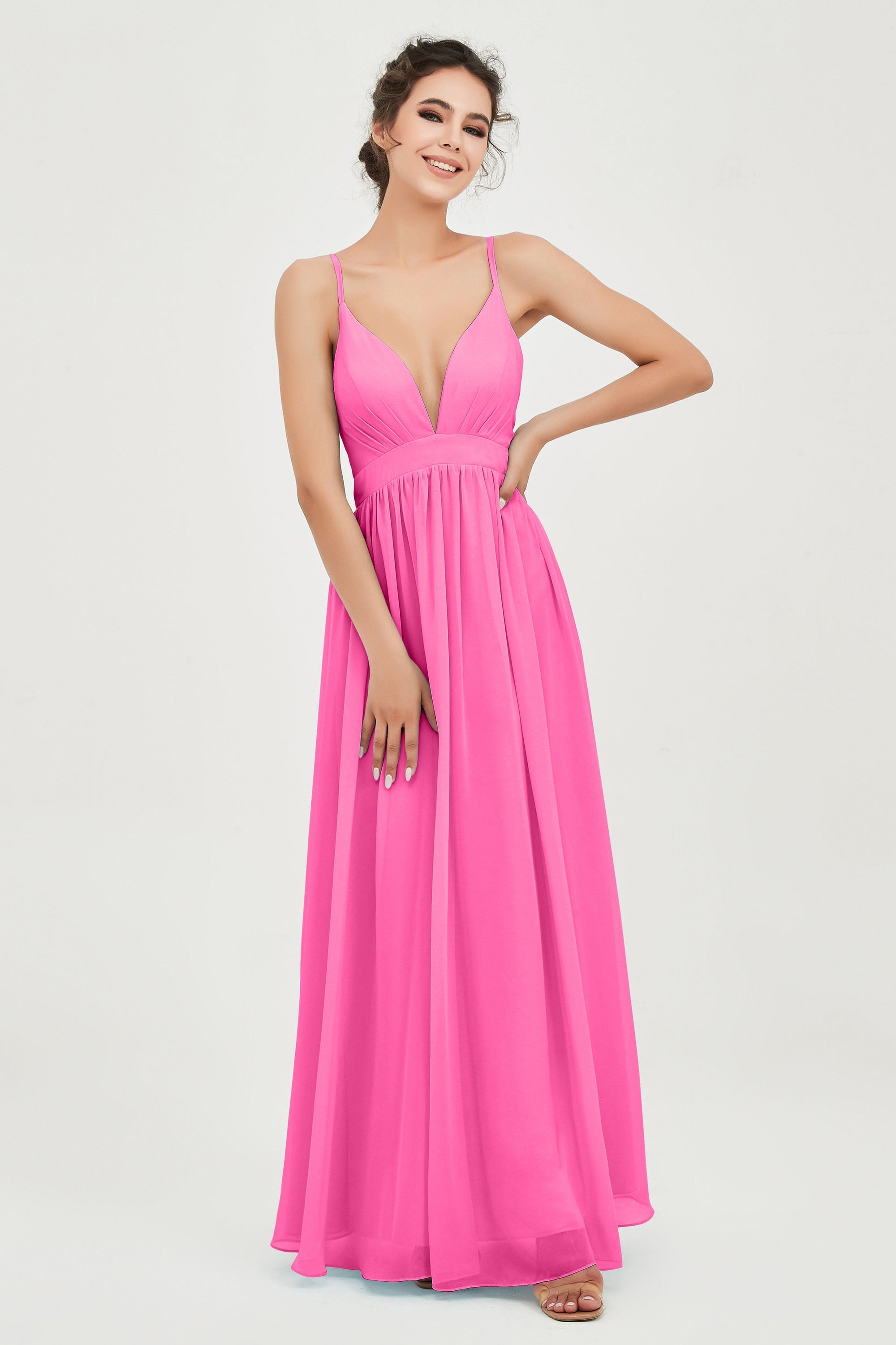 Deep V Neck Sexy Chiffon Bridesmaid Dress Spaghetti Straps Formal Evening Prom Dresses