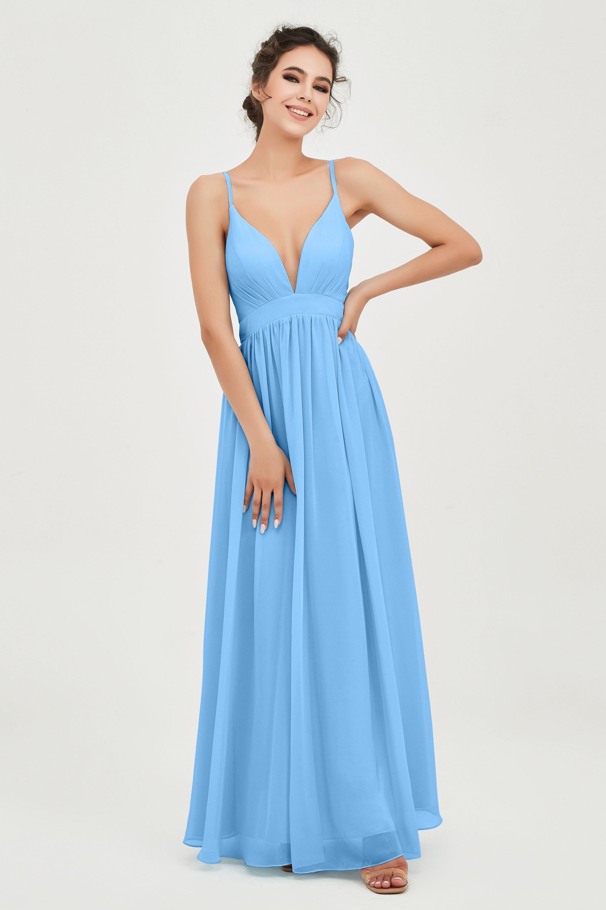 Deep V Neck Sexy Chiffon Bridesmaid Dress Spaghetti Straps Formal Evening Prom Dresses
