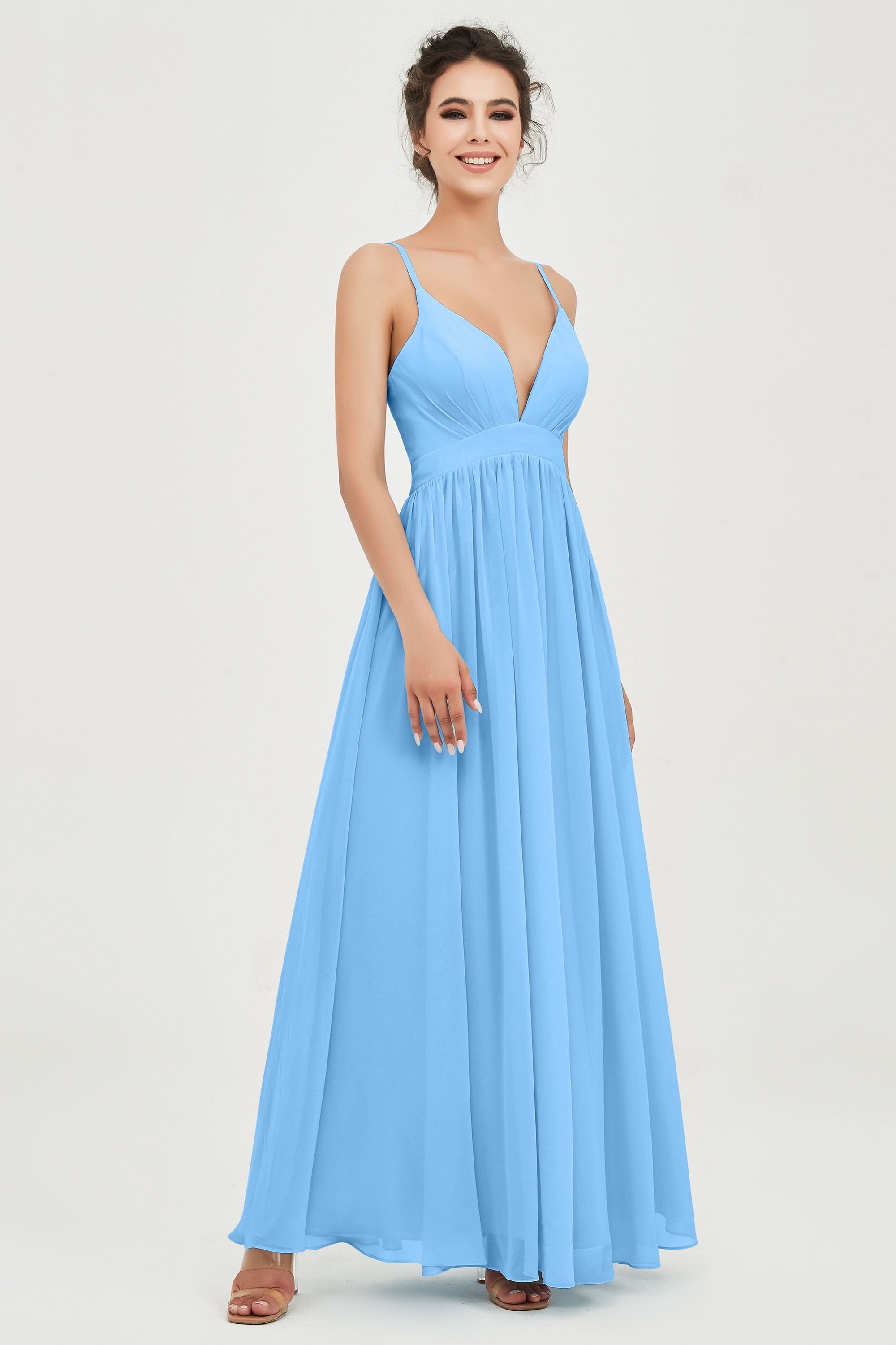 Deep V Neck Sexy Chiffon Bridesmaid Dress Spaghetti Straps Formal Evening Prom Dresses