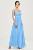 Deep V Neck Sexy Chiffon Bridesmaid Dress Spaghetti Straps Formal Evening Prom Dresses