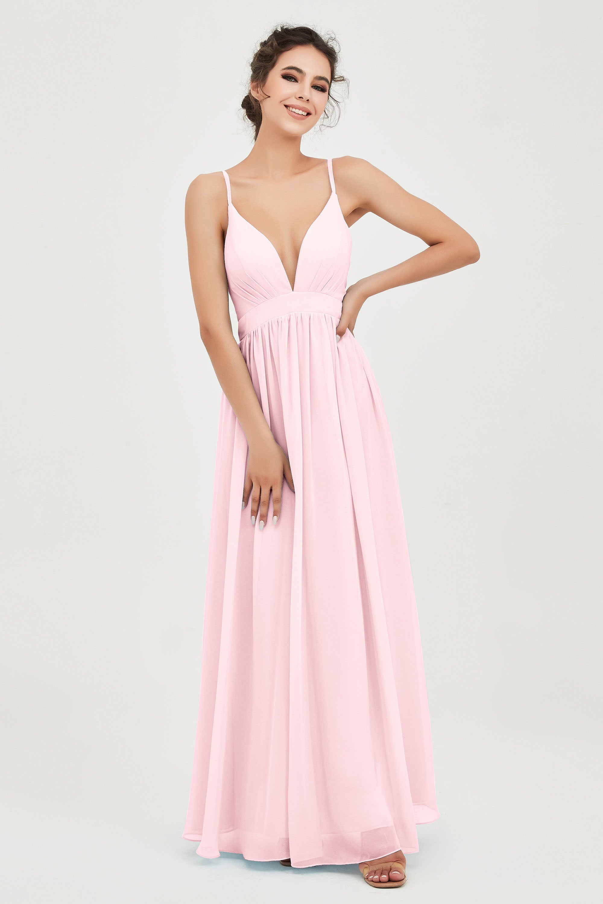 Deep V Neck Sexy Chiffon Bridesmaid Dress Spaghetti Straps Formal Evening Prom Dresses