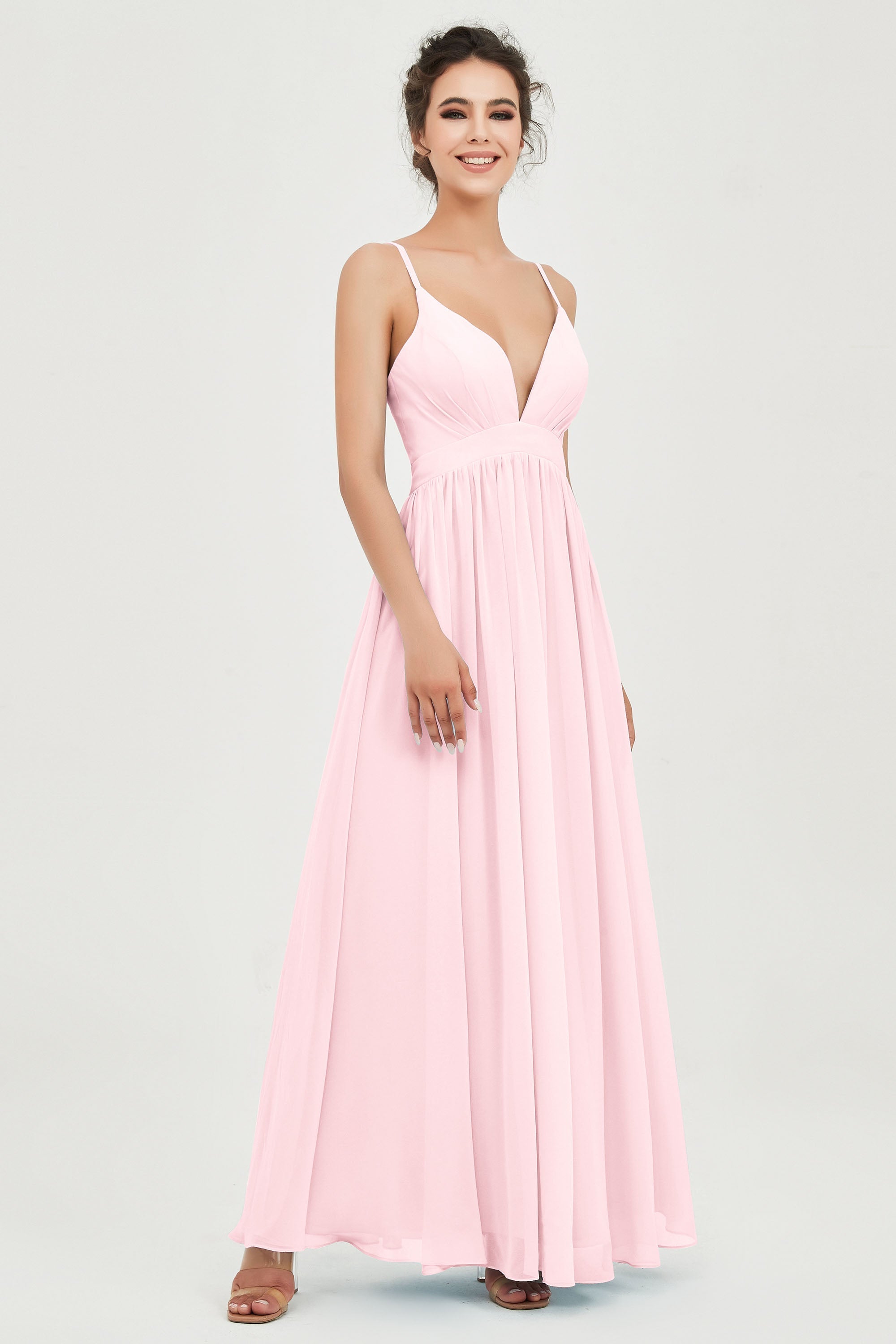 Deep V Neck Sexy Chiffon Bridesmaid Dress Spaghetti Straps Formal Evening Prom Dresses