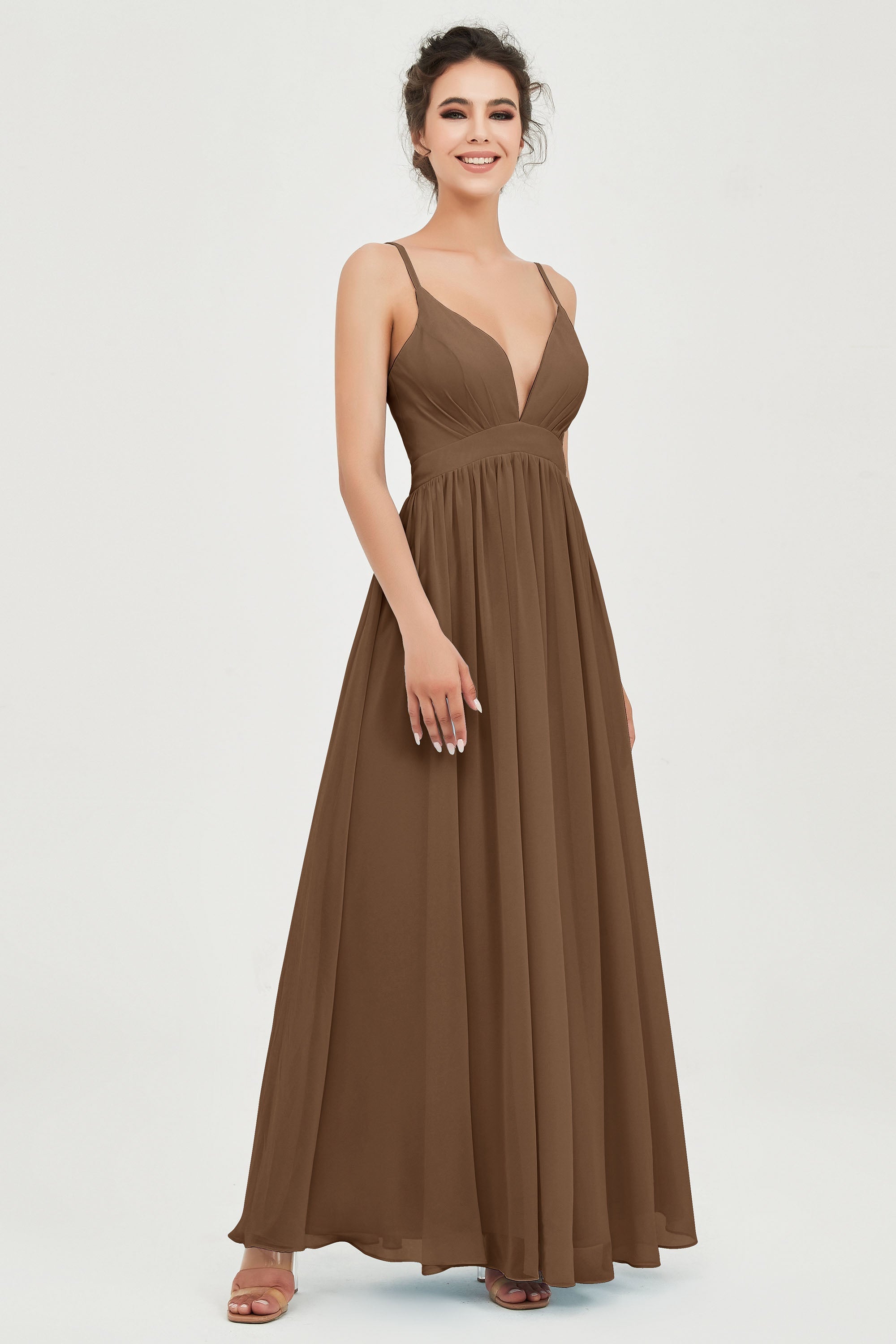 Deep V Neck Sexy Chiffon Bridesmaid Dress Spaghetti Straps Formal Evening Prom Dresses