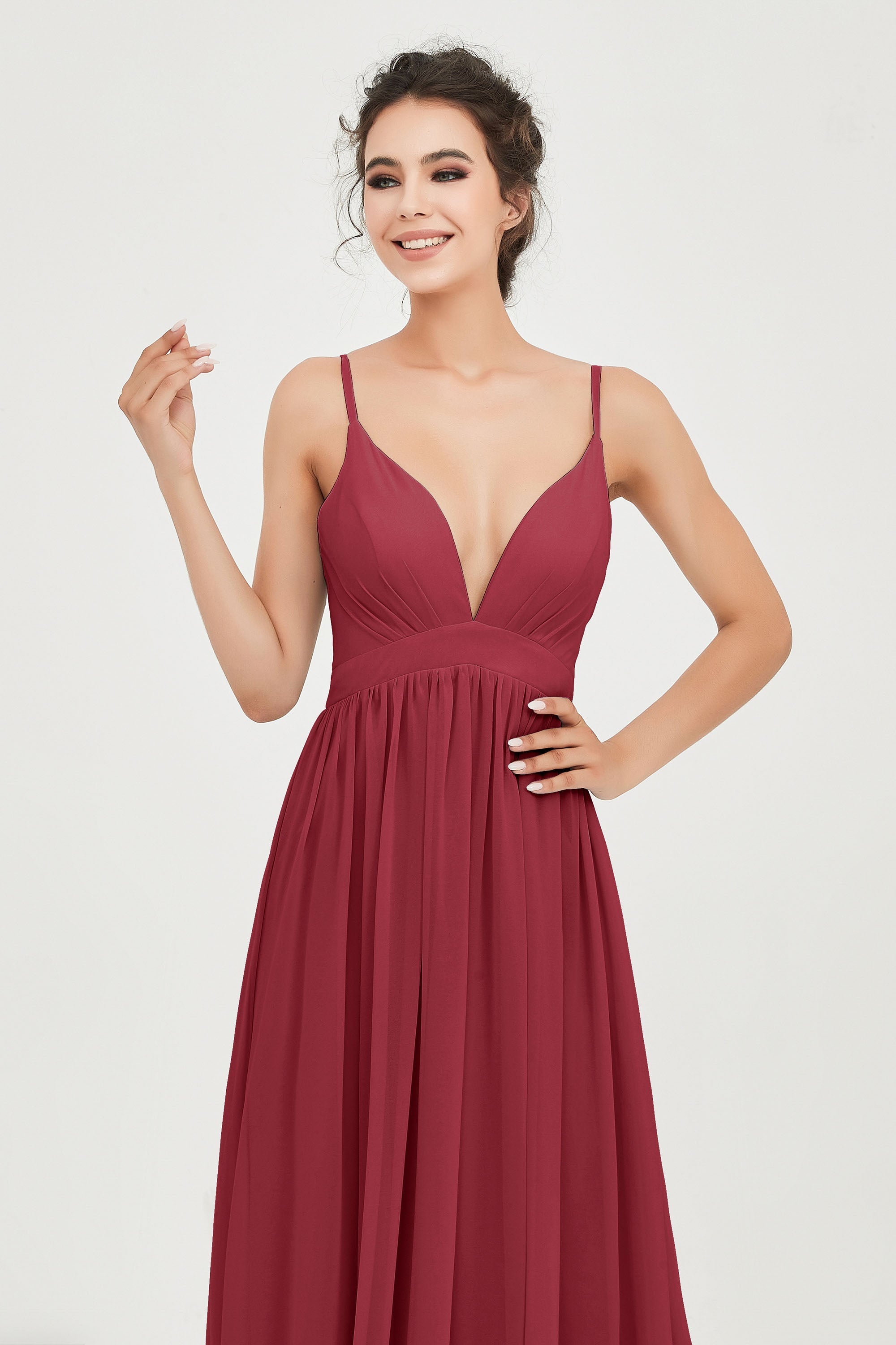 Deep V Neck Sexy Chiffon Bridesmaid Dress Spaghetti Straps Formal Evening Prom Dresses