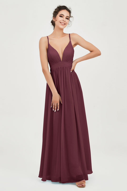 Deep V Neck Sexy Chiffon Bridesmaid Dress Spaghetti Straps Formal Evening Prom Dresses
