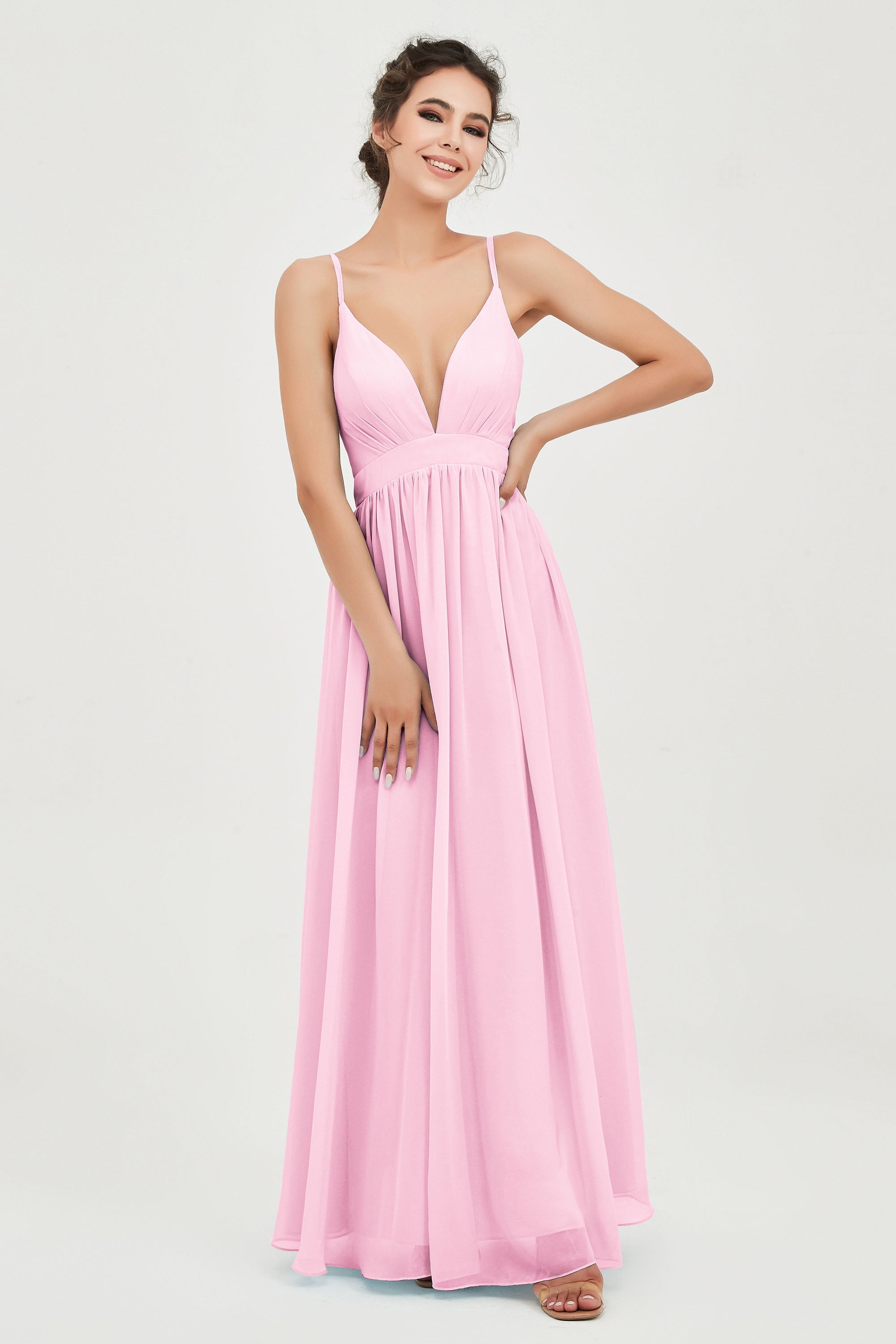 Deep V Neck Sexy Chiffon Bridesmaid Dress Spaghetti Straps Formal Evening Prom Dresses
