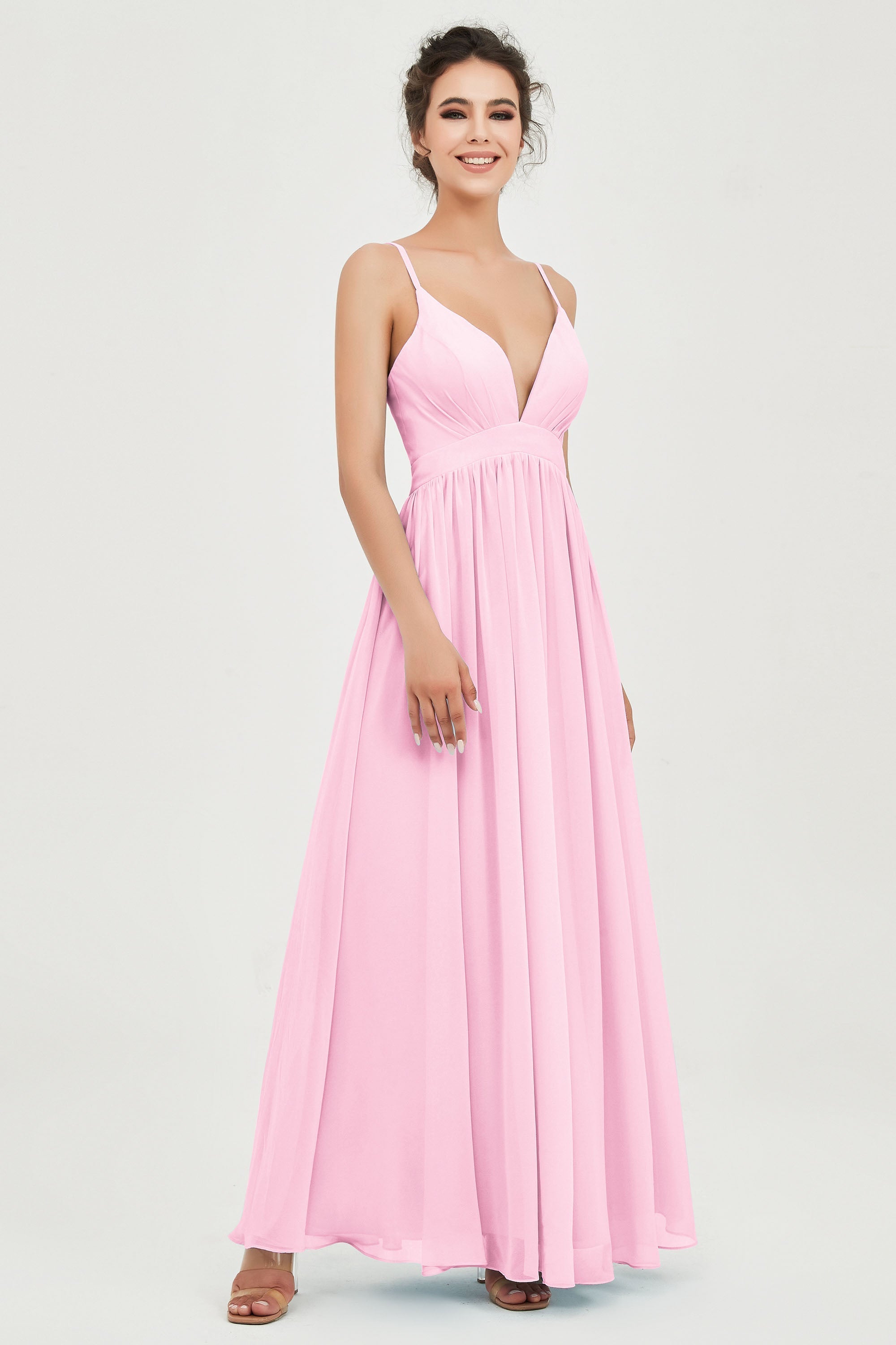 Deep V Neck Sexy Chiffon Bridesmaid Dress Spaghetti Straps Formal Evening Prom Dresses