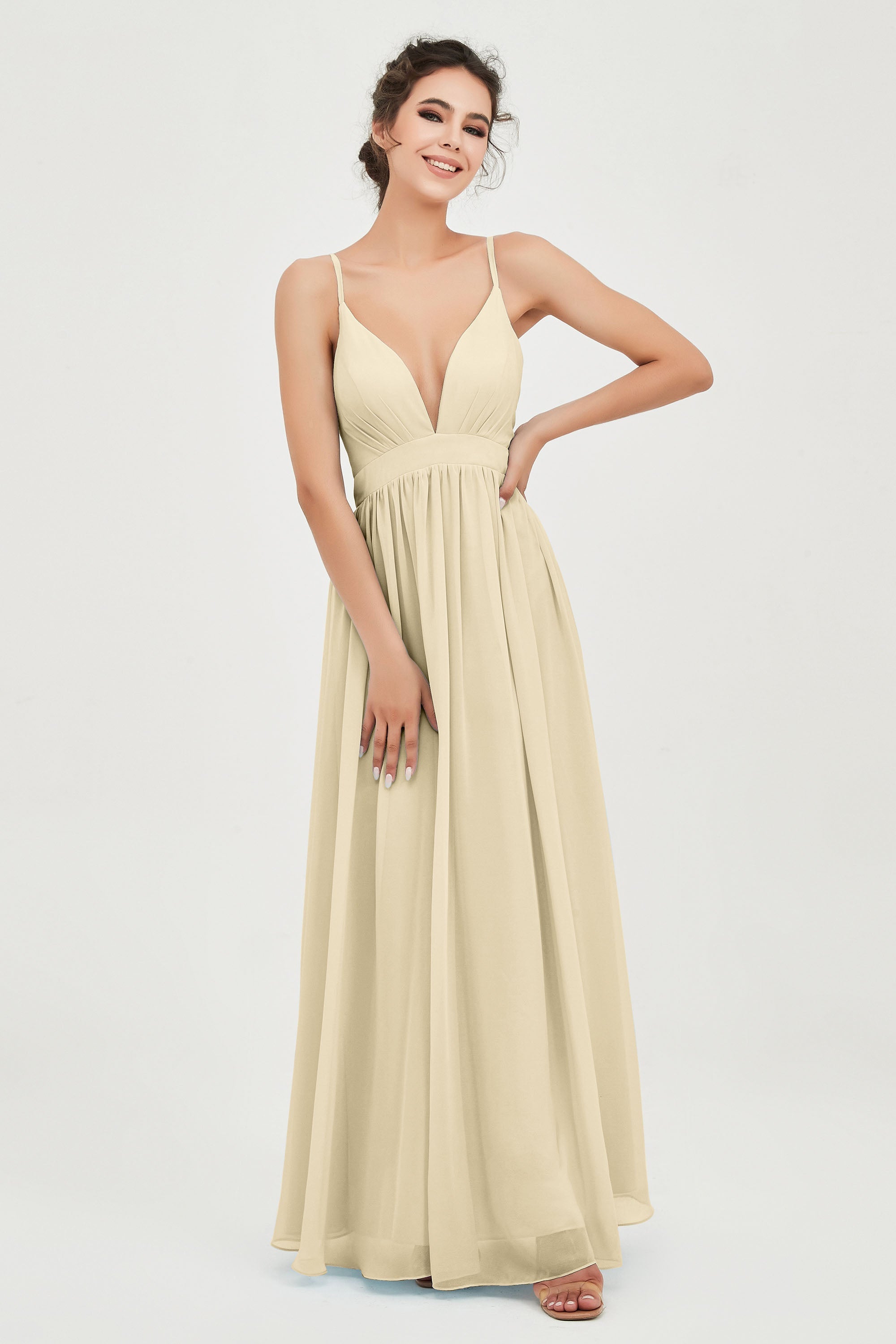 Deep V Neck Sexy Chiffon Bridesmaid Dress Spaghetti Straps Formal Evening Prom Dresses
