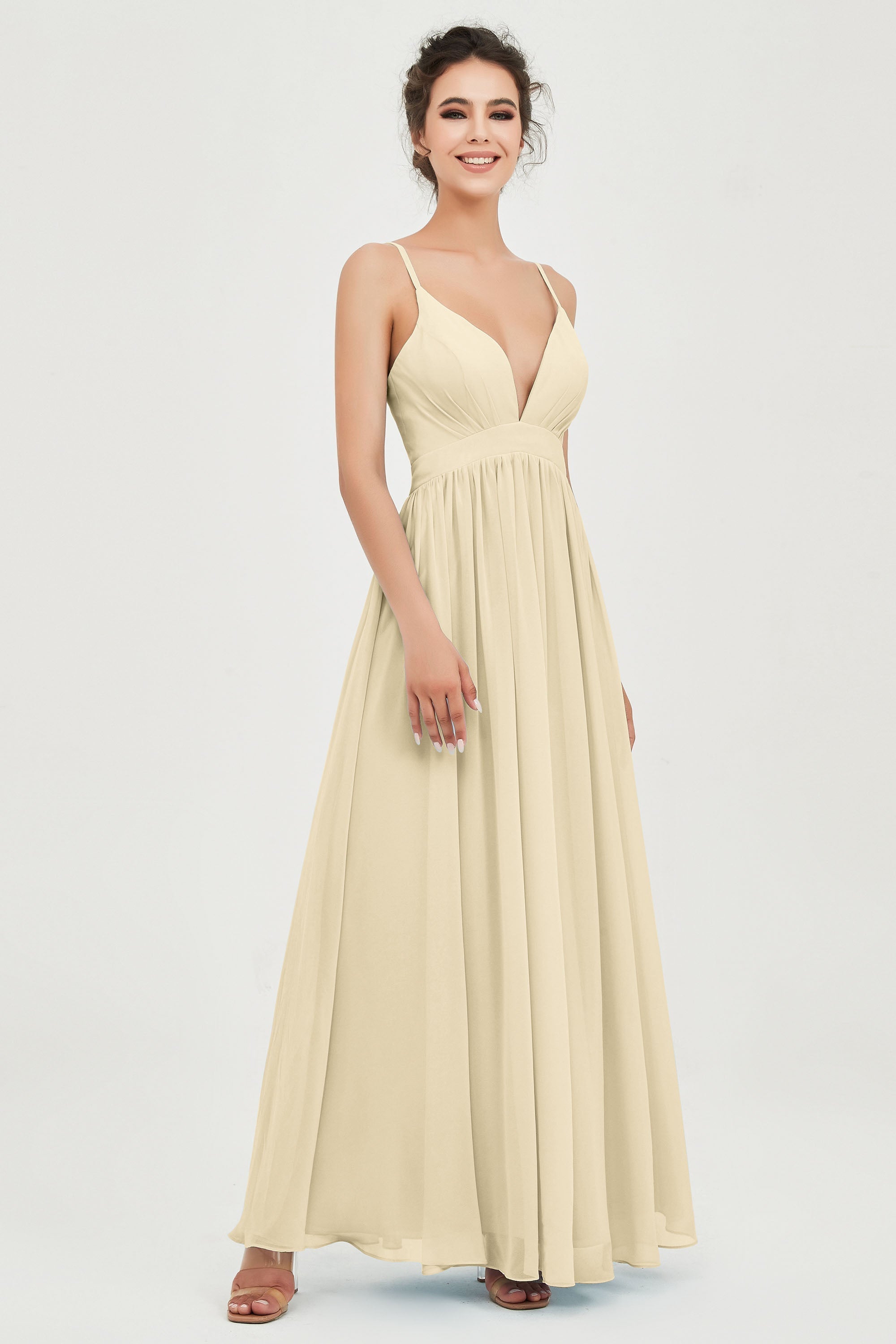 Deep V Neck Sexy Chiffon Bridesmaid Dress Spaghetti Straps Formal Evening Prom Dresses