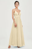 Deep V Neck Sexy Chiffon Bridesmaid Dress Spaghetti Straps Formal Evening Prom Dresses