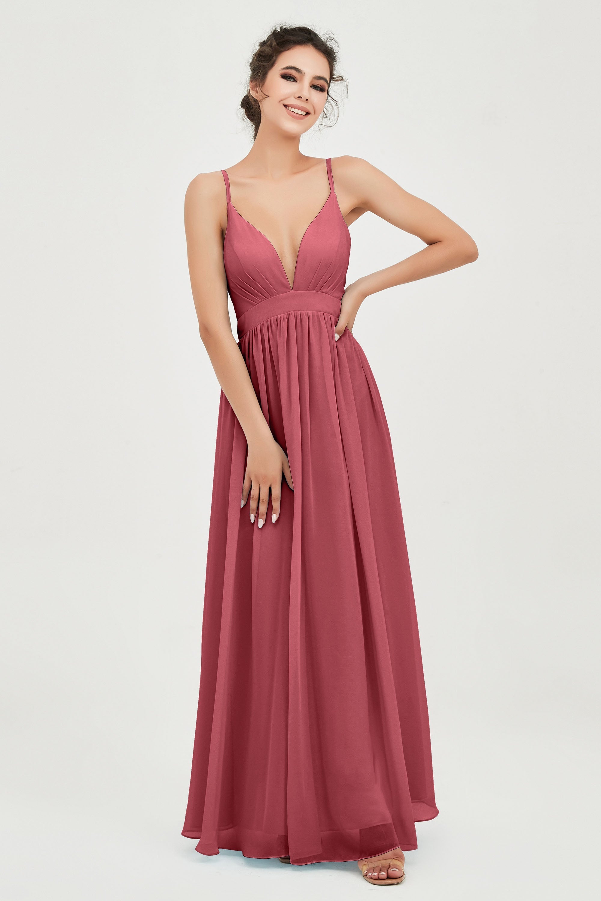 Deep V Neck Sexy Chiffon Bridesmaid Dress Spaghetti Straps Formal Evening Prom Dresses