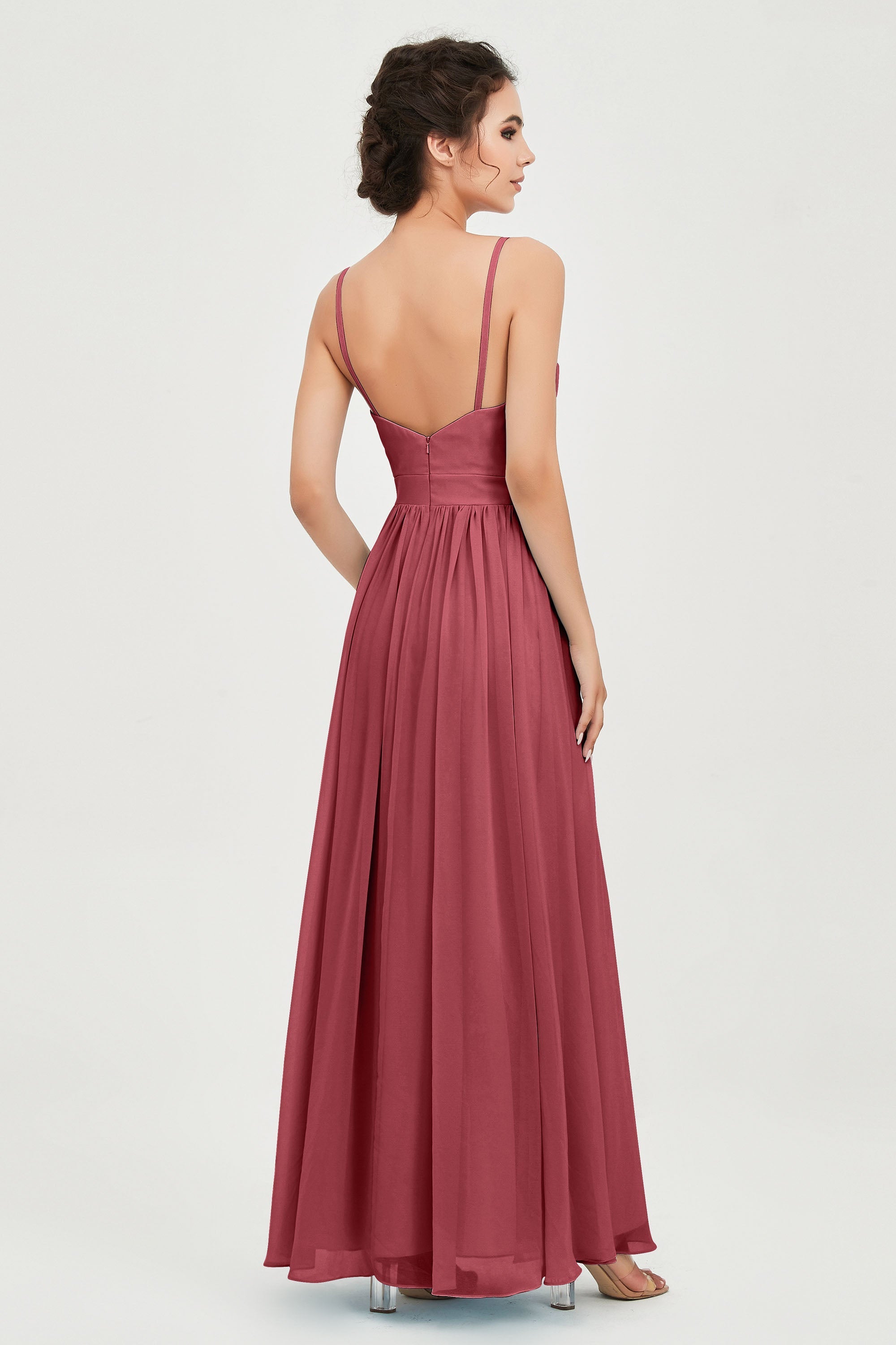 Deep V Neck Sexy Chiffon Bridesmaid Dress Spaghetti Straps Formal Evening Prom Dresses