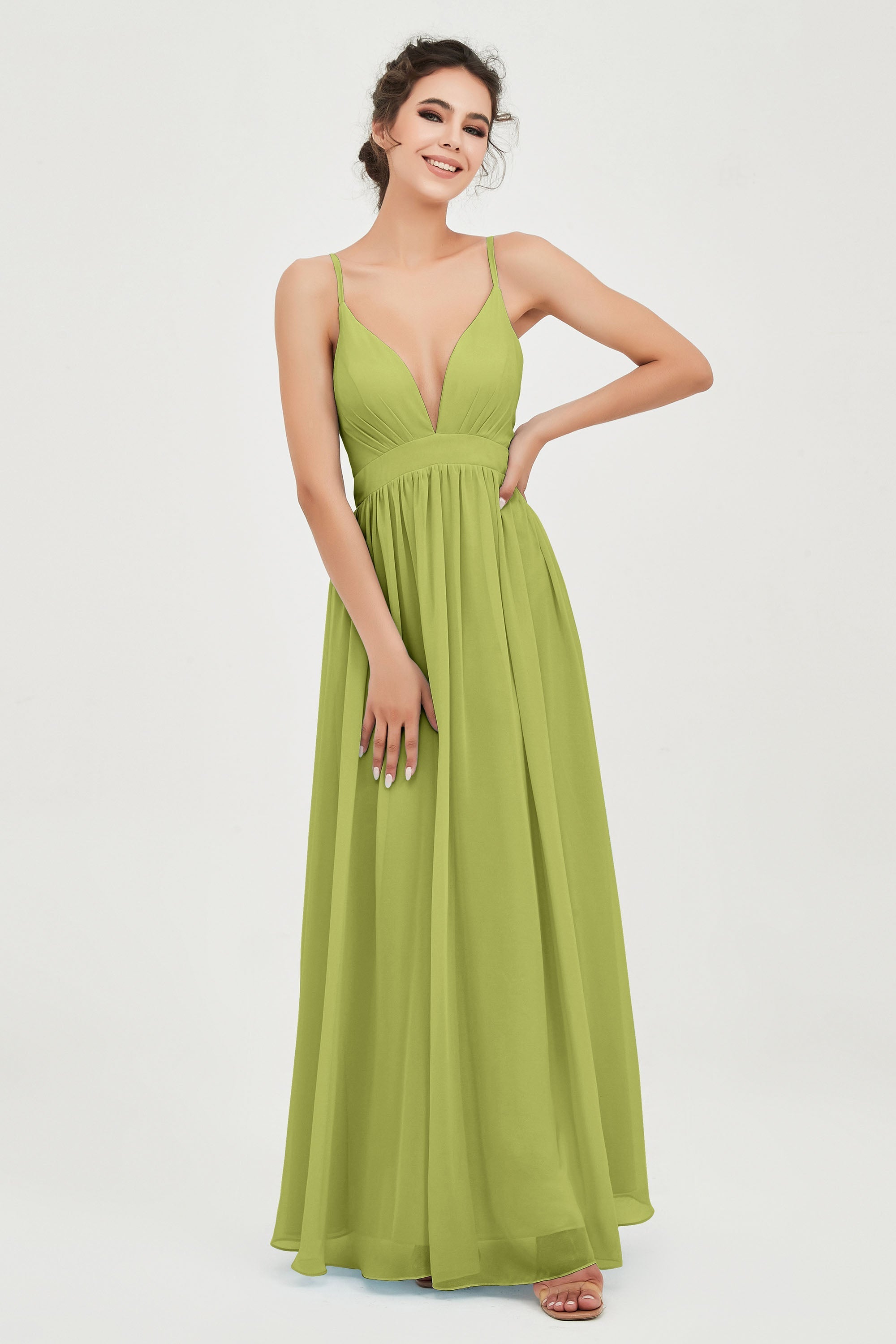 Deep V Neck Sexy Chiffon Bridesmaid Dress Spaghetti Straps Formal Evening Prom Dresses
