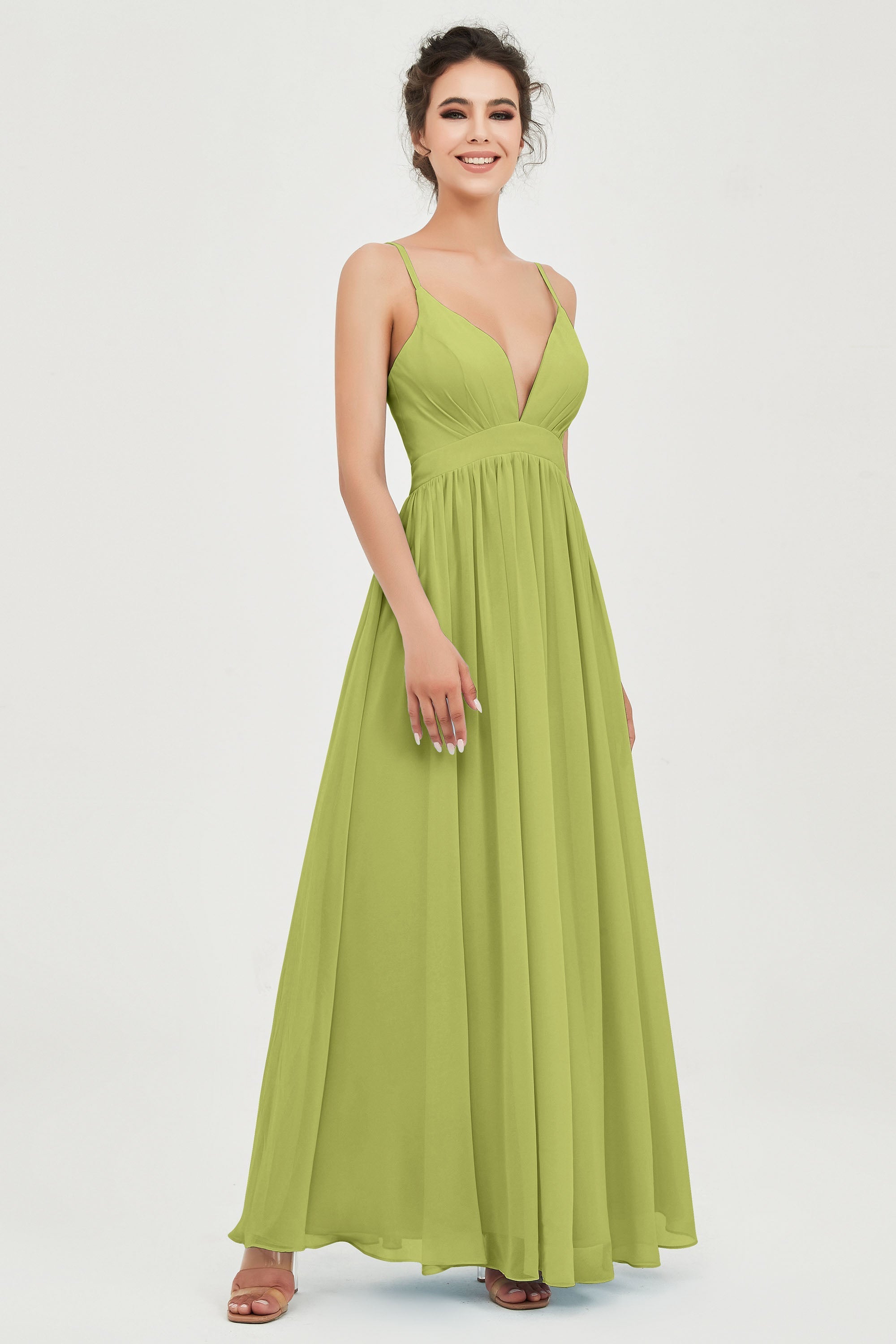 Deep V Neck Sexy Chiffon Bridesmaid Dress Spaghetti Straps Formal Evening Prom Dresses
