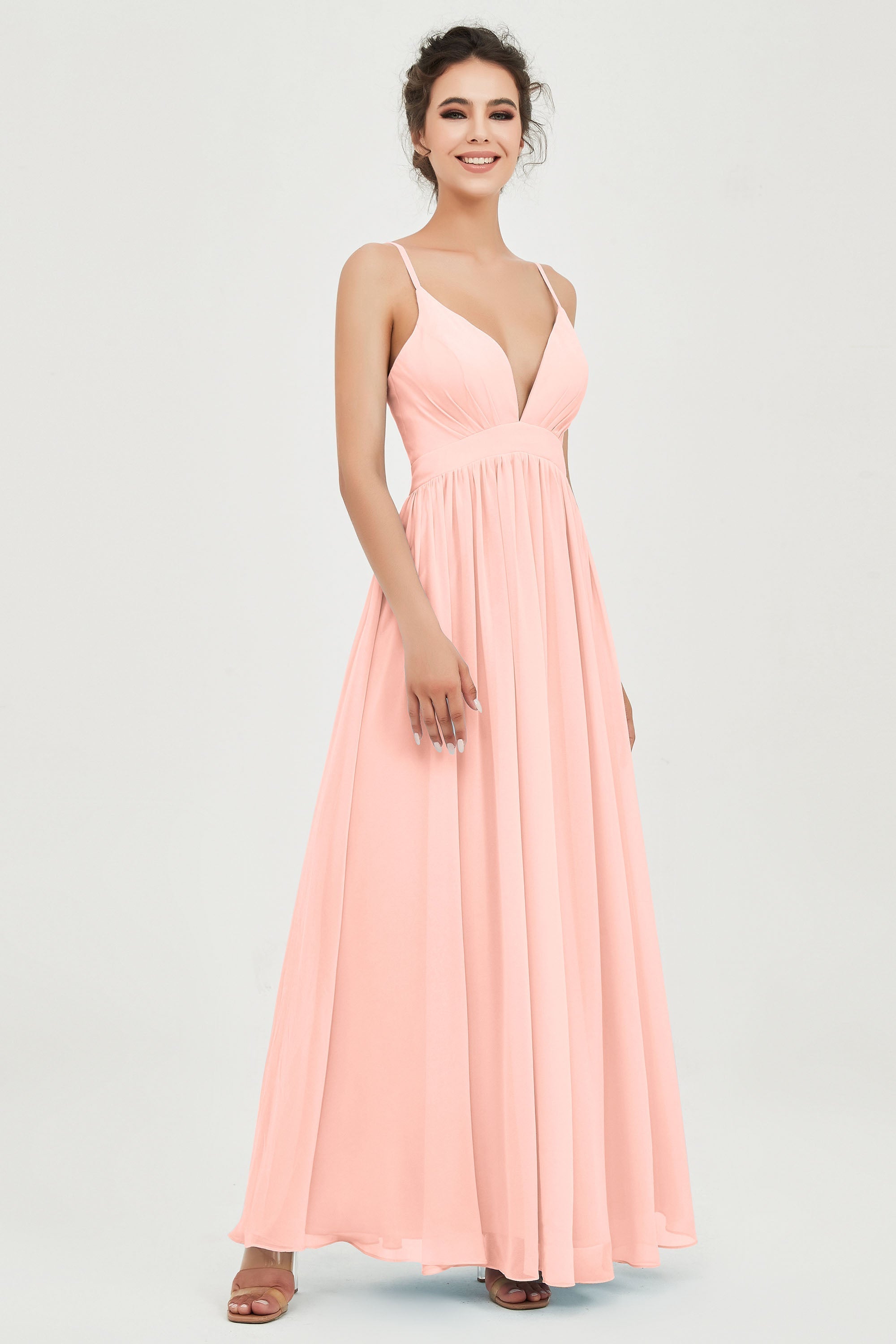 Deep V Neck Sexy Chiffon Bridesmaid Dress Spaghetti Straps Formal Evening Prom Dresses