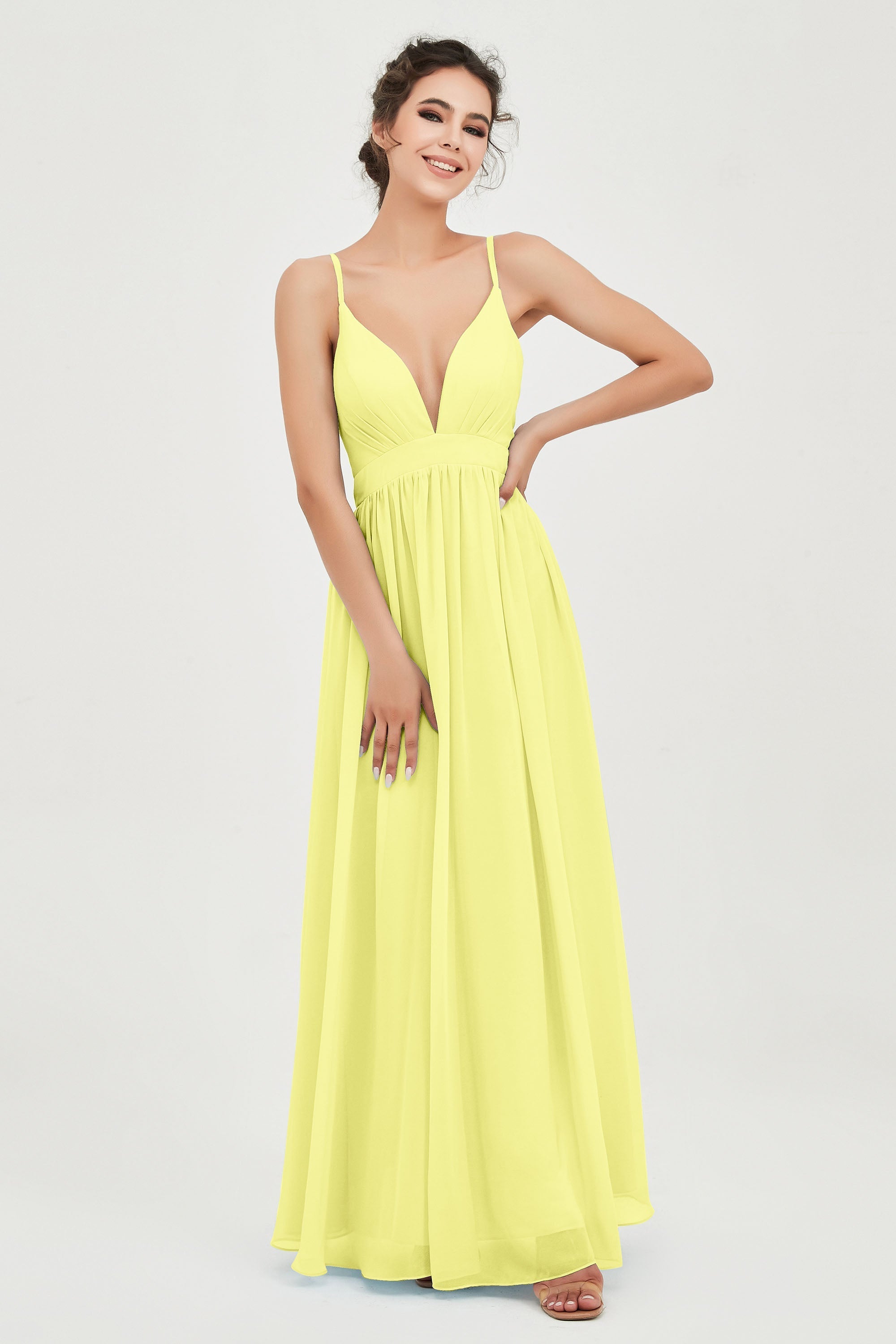 Deep V Neck Sexy Chiffon Bridesmaid Dress Spaghetti Straps Formal Evening Prom Dresses