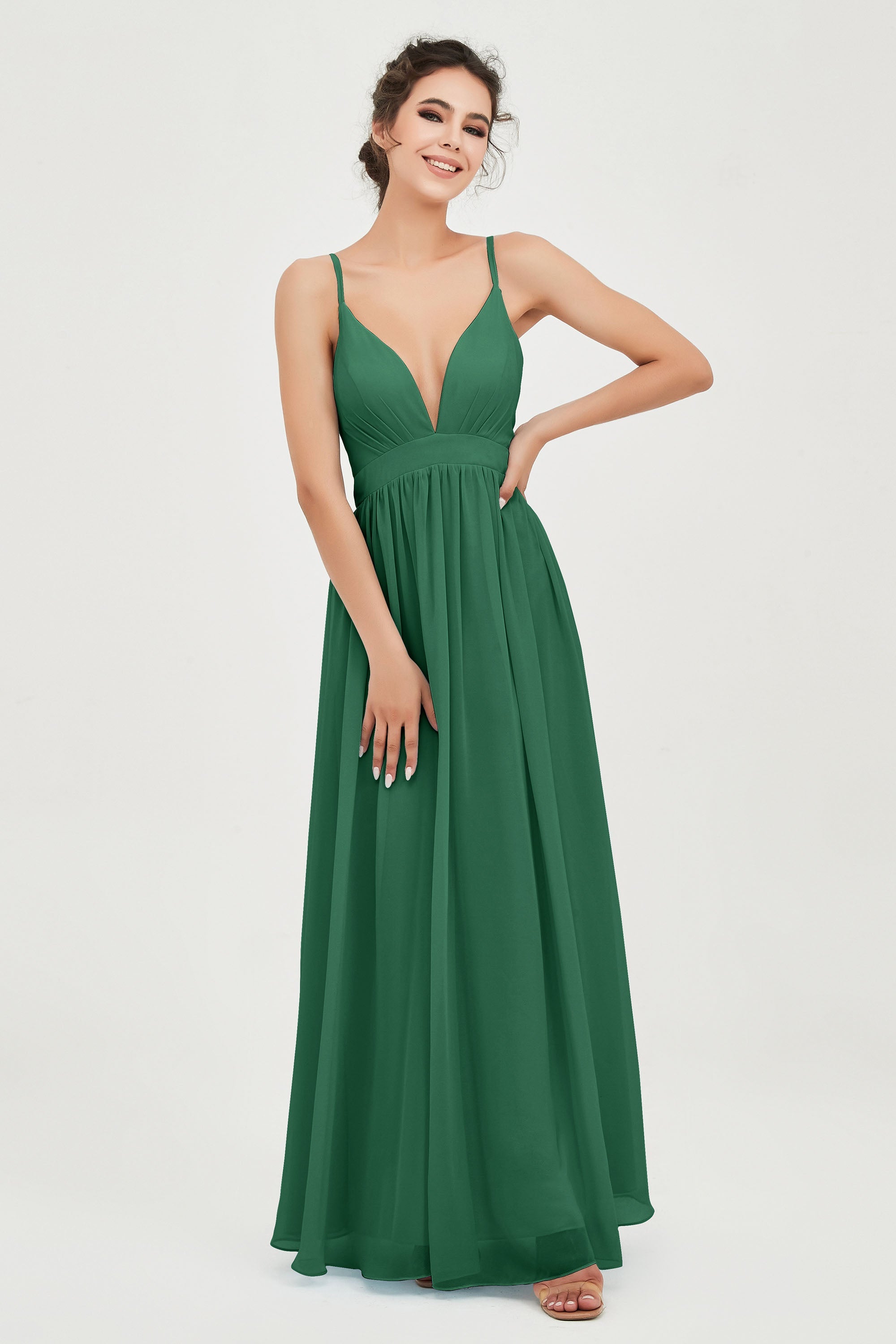 Deep V Neck Sexy Chiffon Bridesmaid Dress Spaghetti Straps Formal Evening Prom Dresses