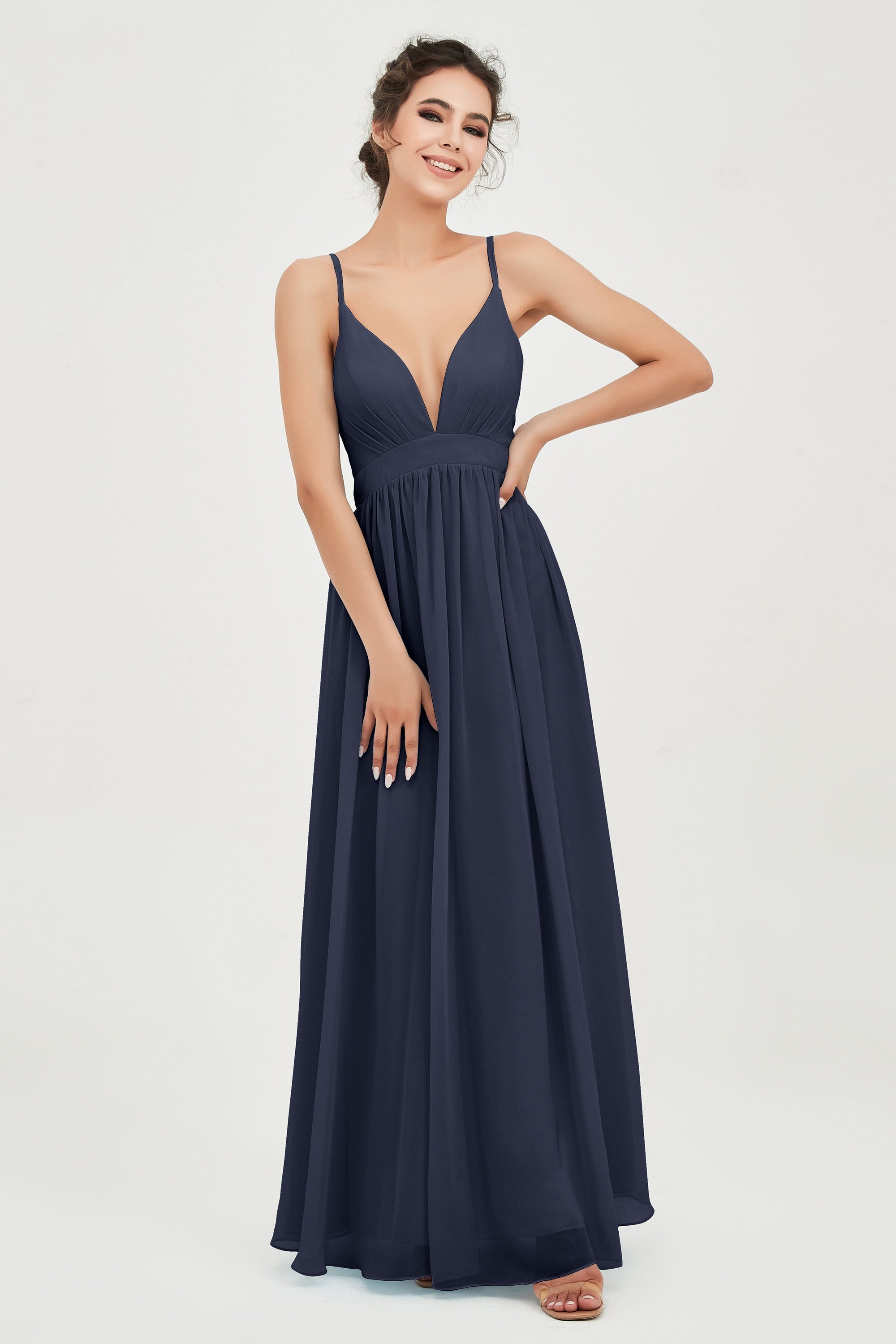 Deep V Neck Sexy Chiffon Bridesmaid Dress Spaghetti Straps Formal Evening Prom Dresses