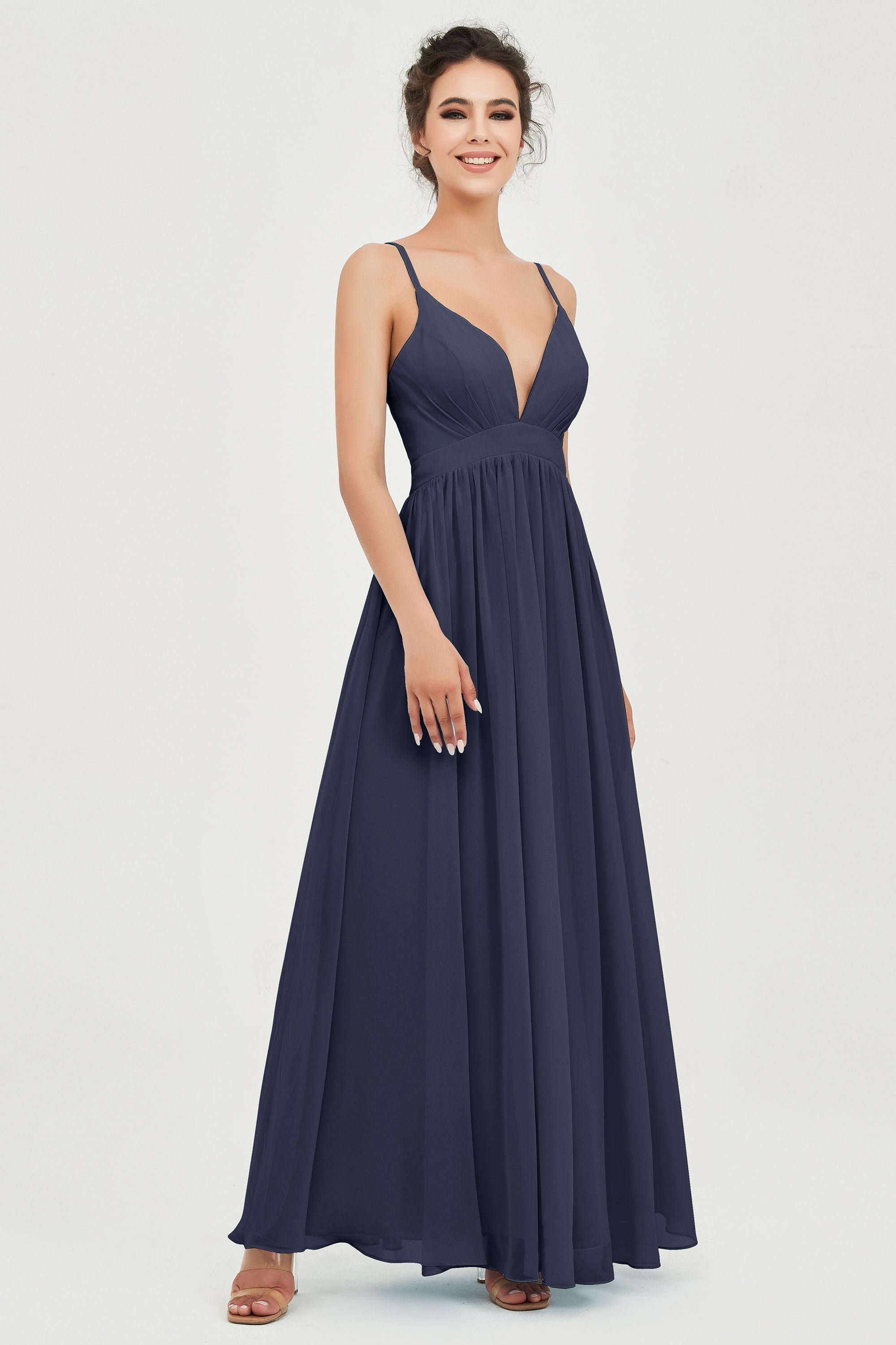 Deep V Neck Sexy Chiffon Bridesmaid Dress Spaghetti Straps Formal Evening Prom Dresses