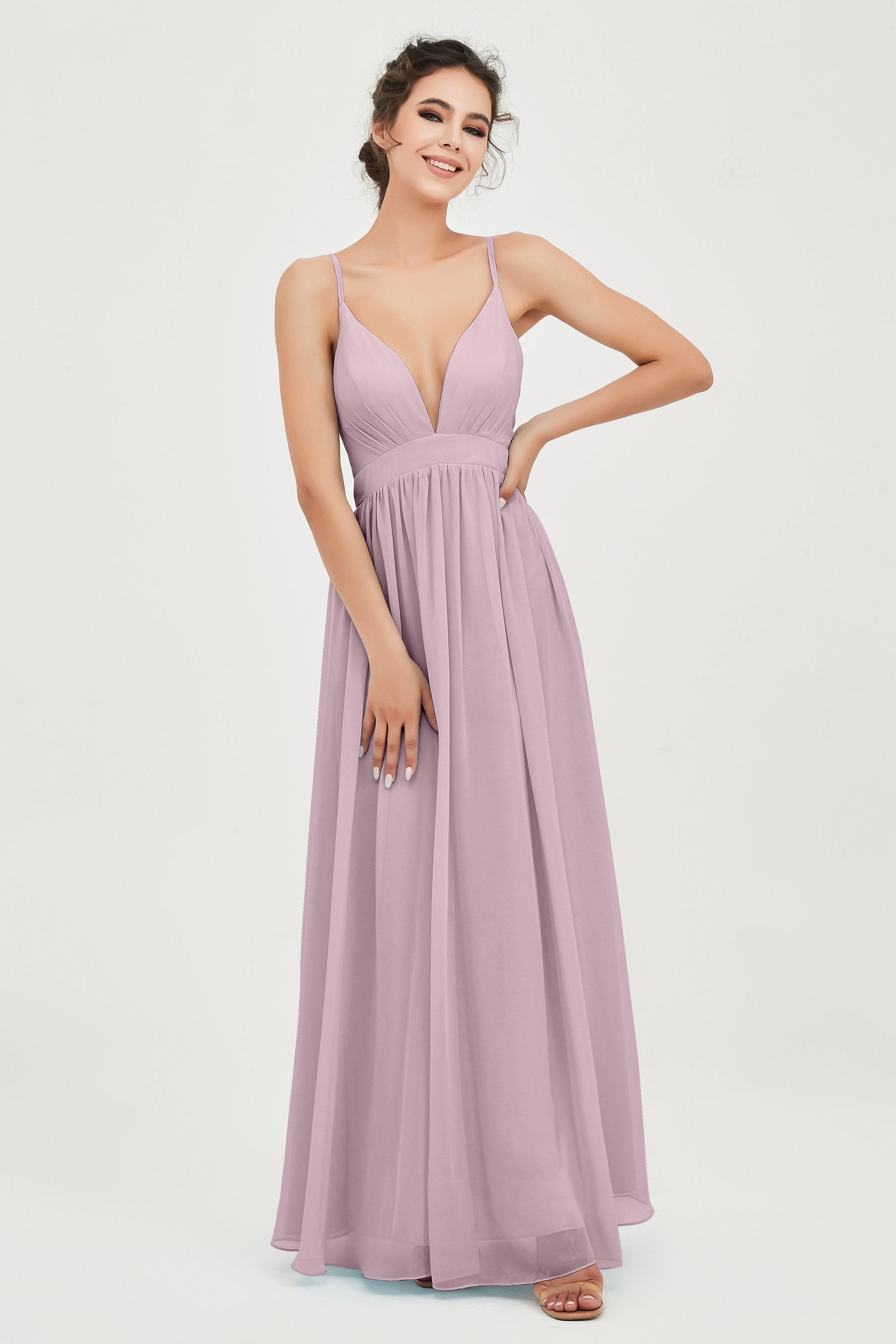 Deep V Neck Sexy Chiffon Bridesmaid Dress Spaghetti Straps Formal Evening Prom Dresses