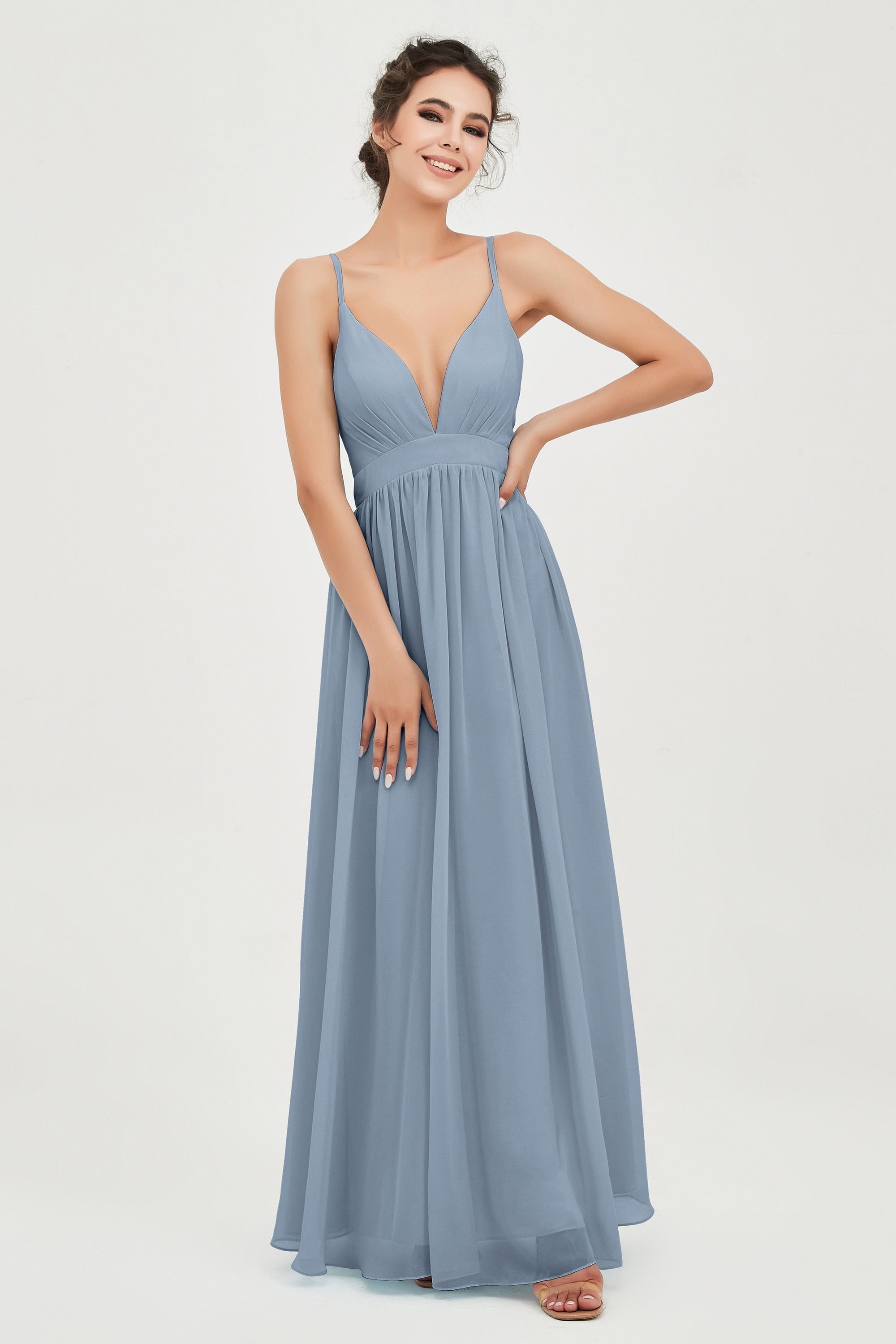 Deep V Neck Sexy Chiffon Bridesmaid Dress Spaghetti Straps Formal Evening Prom Dresses