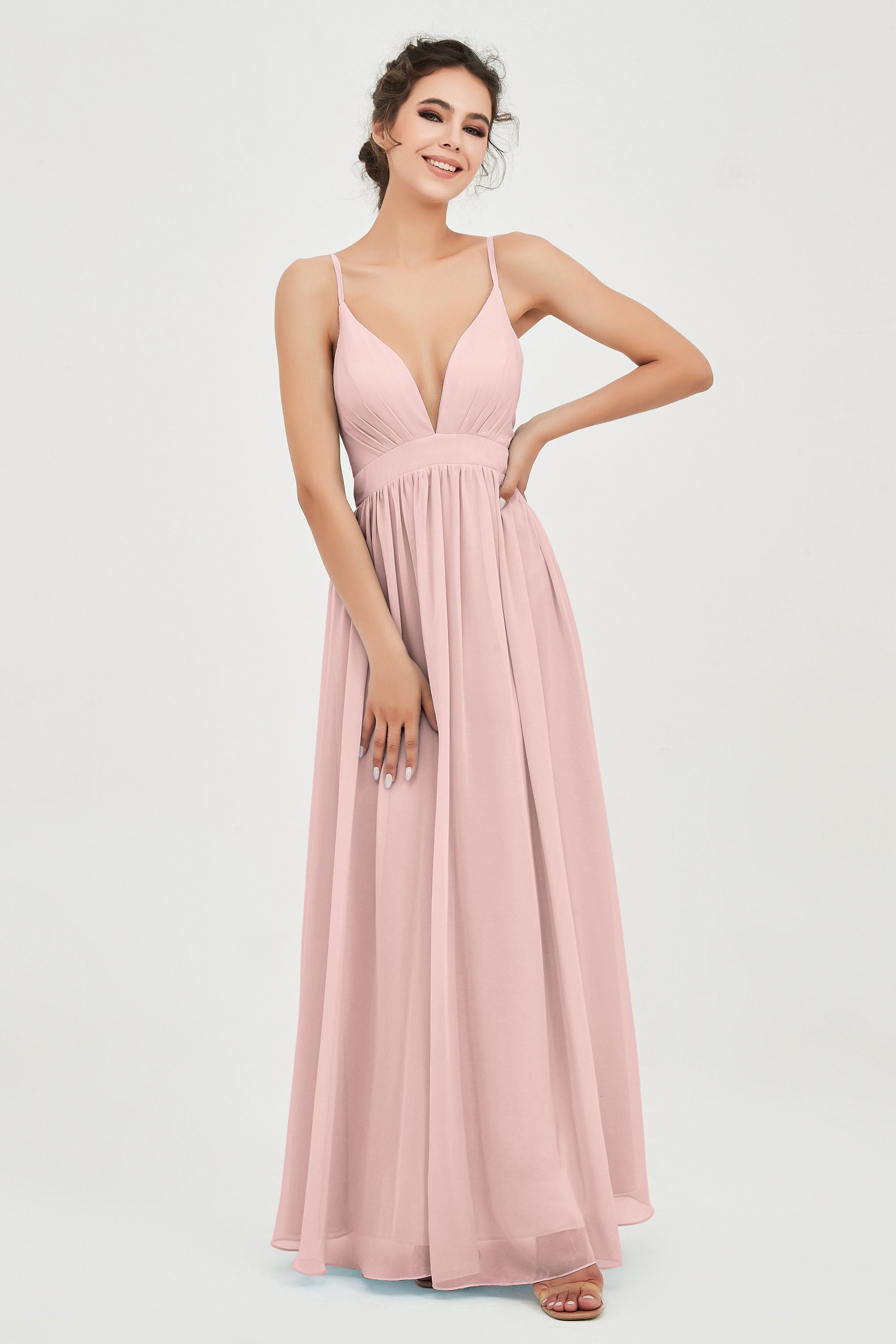 Deep V Neck Sexy Chiffon Bridesmaid Dress Spaghetti Straps Formal Evening Prom Dresses