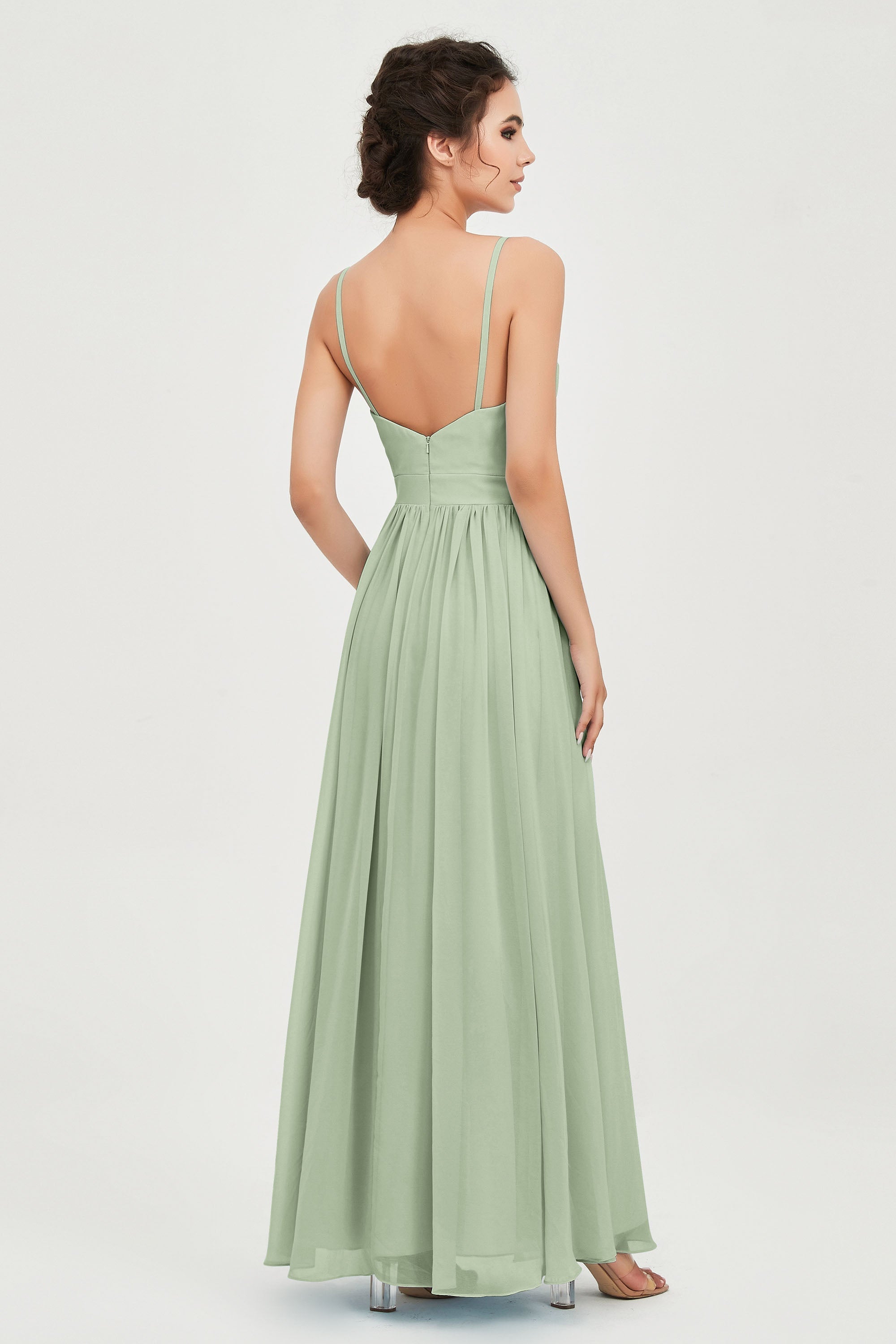 Deep V Neck Sexy Chiffon Bridesmaid Dress Spaghetti Straps Formal Evening Prom Dresses