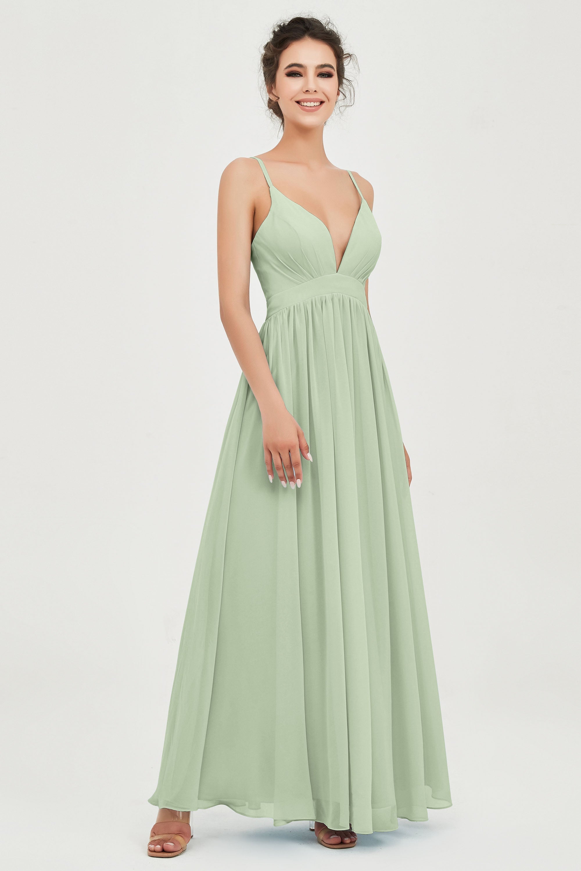Deep V Neck Sexy Chiffon Bridesmaid Dress Spaghetti Straps Formal Evening Prom Dresses