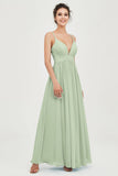 Deep V Neck Sexy Chiffon Bridesmaid Dress Spaghetti Straps Formal Evening Prom Dresses