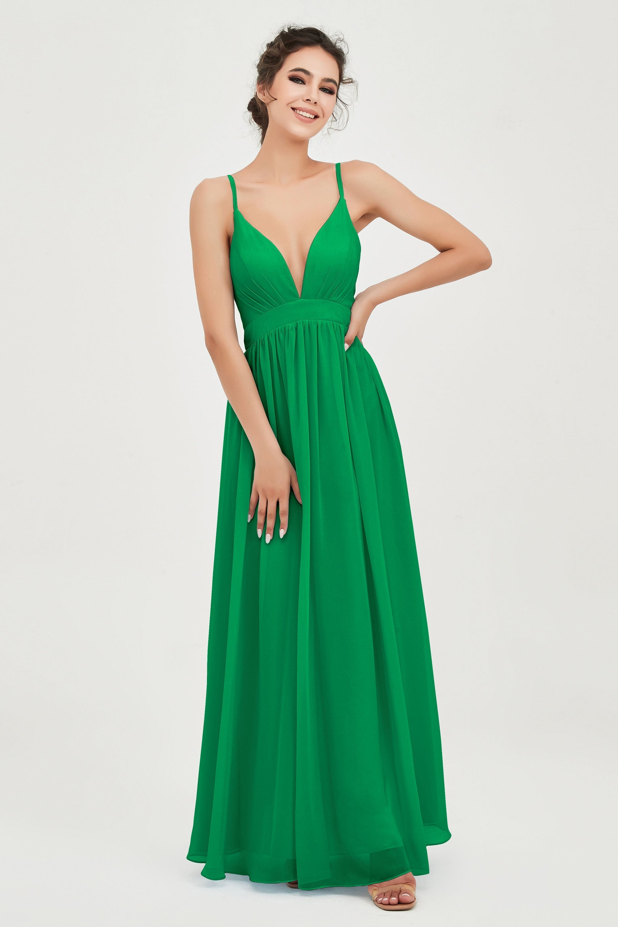 Deep V Neck Sexy Chiffon Bridesmaid Dress Spaghetti Straps Formal Evening Prom Dresses