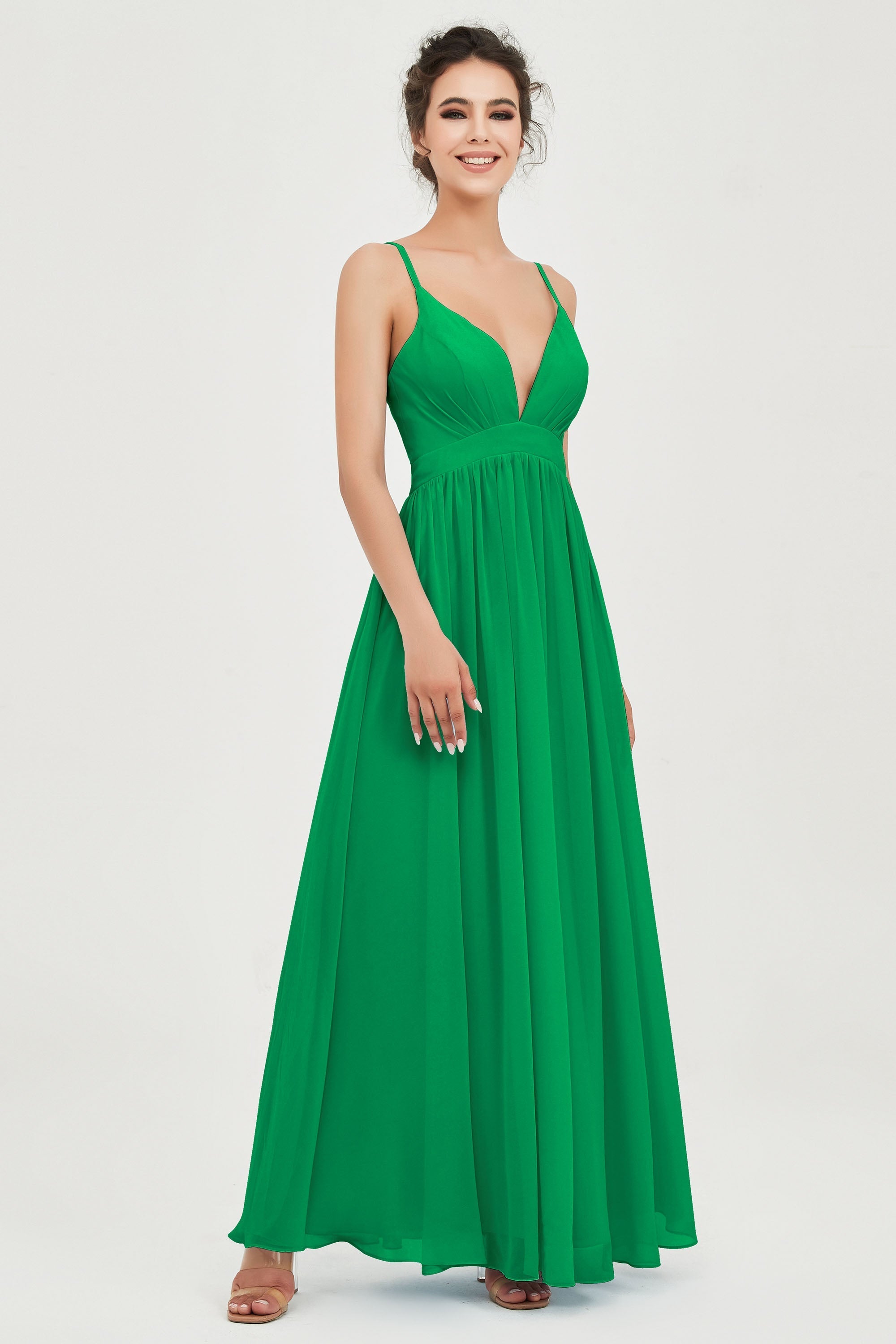 Deep V Neck Sexy Chiffon Bridesmaid Dress Spaghetti Straps Formal Evening Prom Dresses
