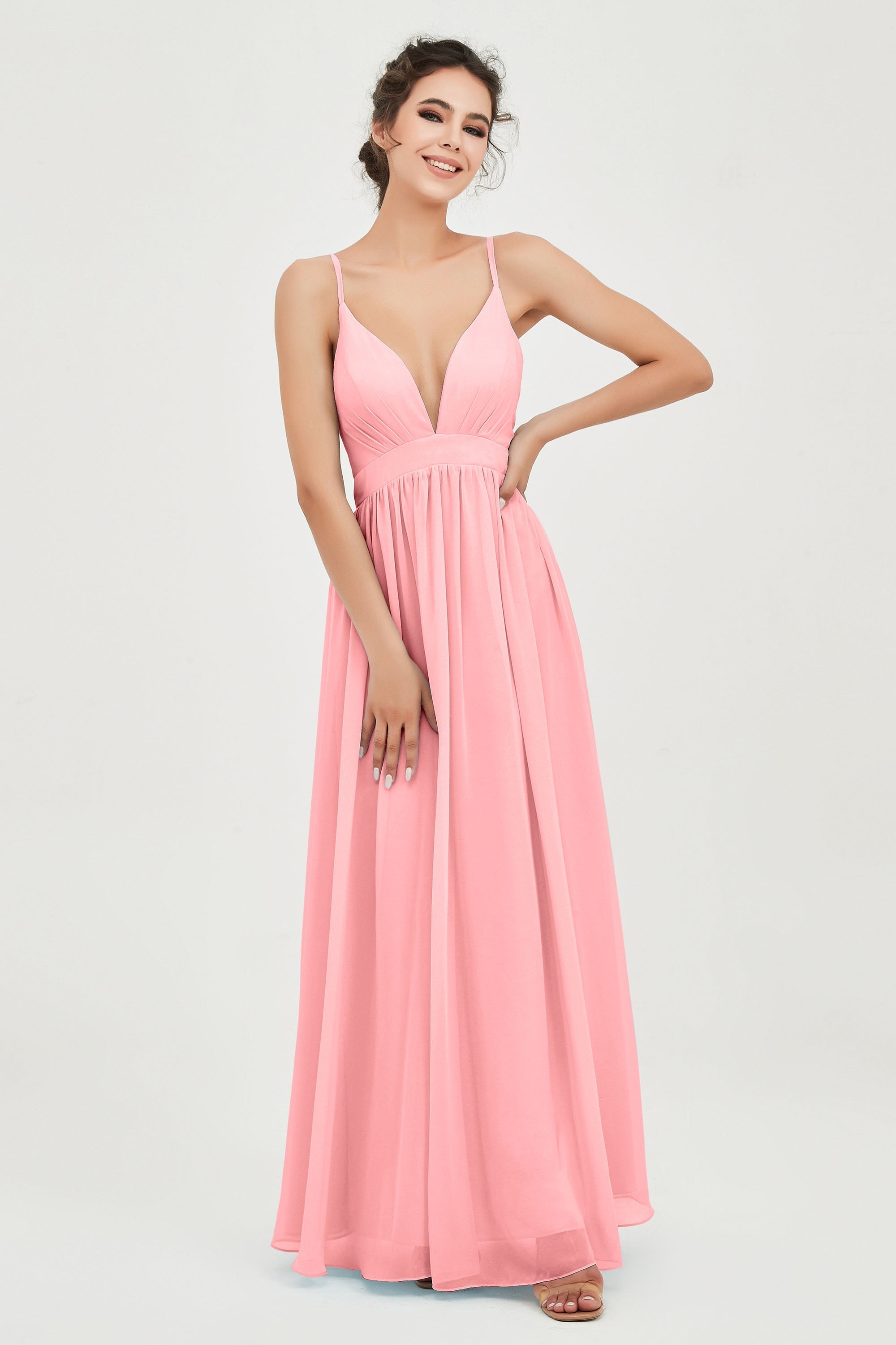 Deep V Neck Sexy Chiffon Bridesmaid Dress Spaghetti Straps Formal Evening Prom Dresses