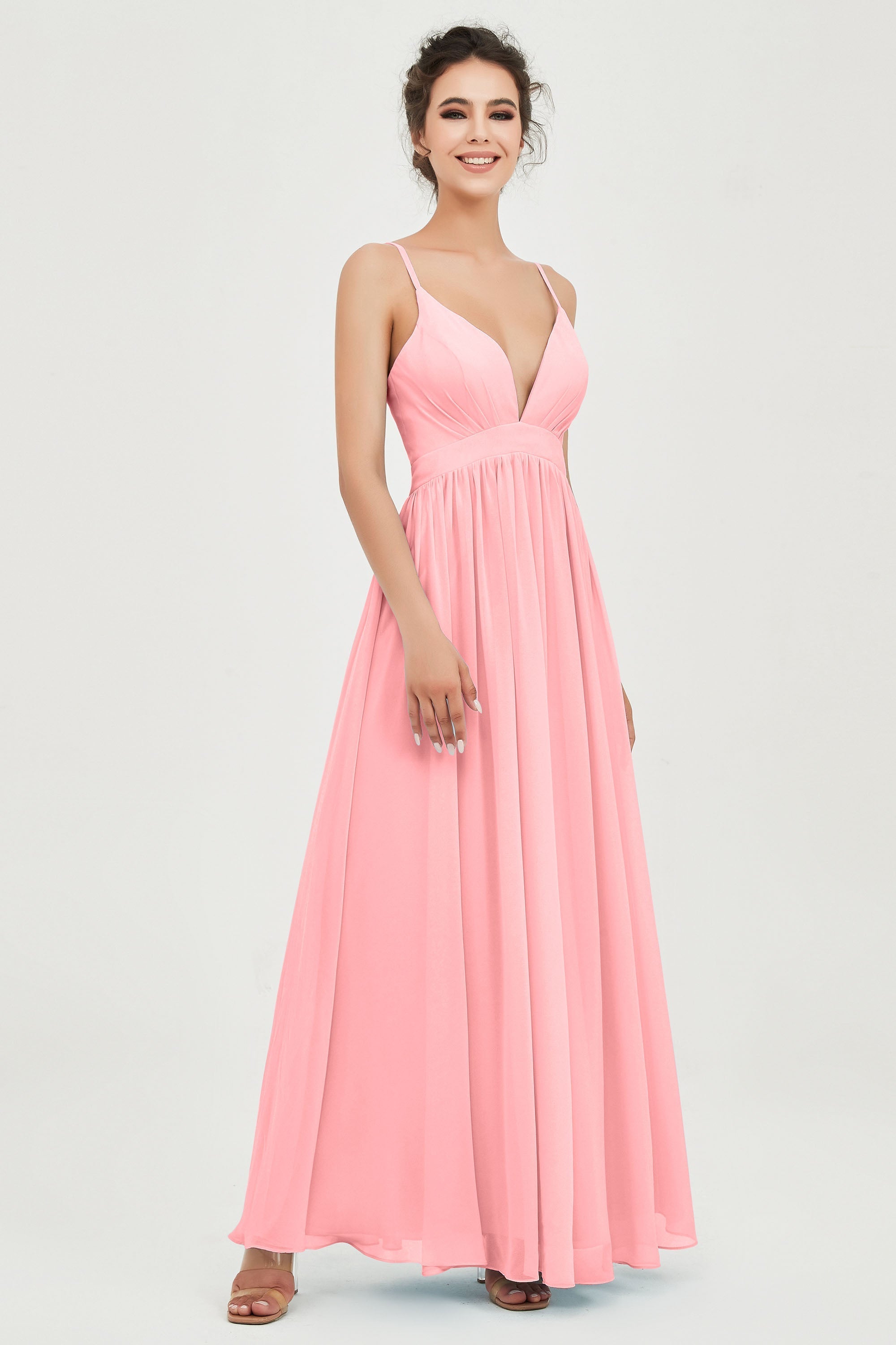 Deep V Neck Sexy Chiffon Bridesmaid Dress Spaghetti Straps Formal Evening Prom Dresses