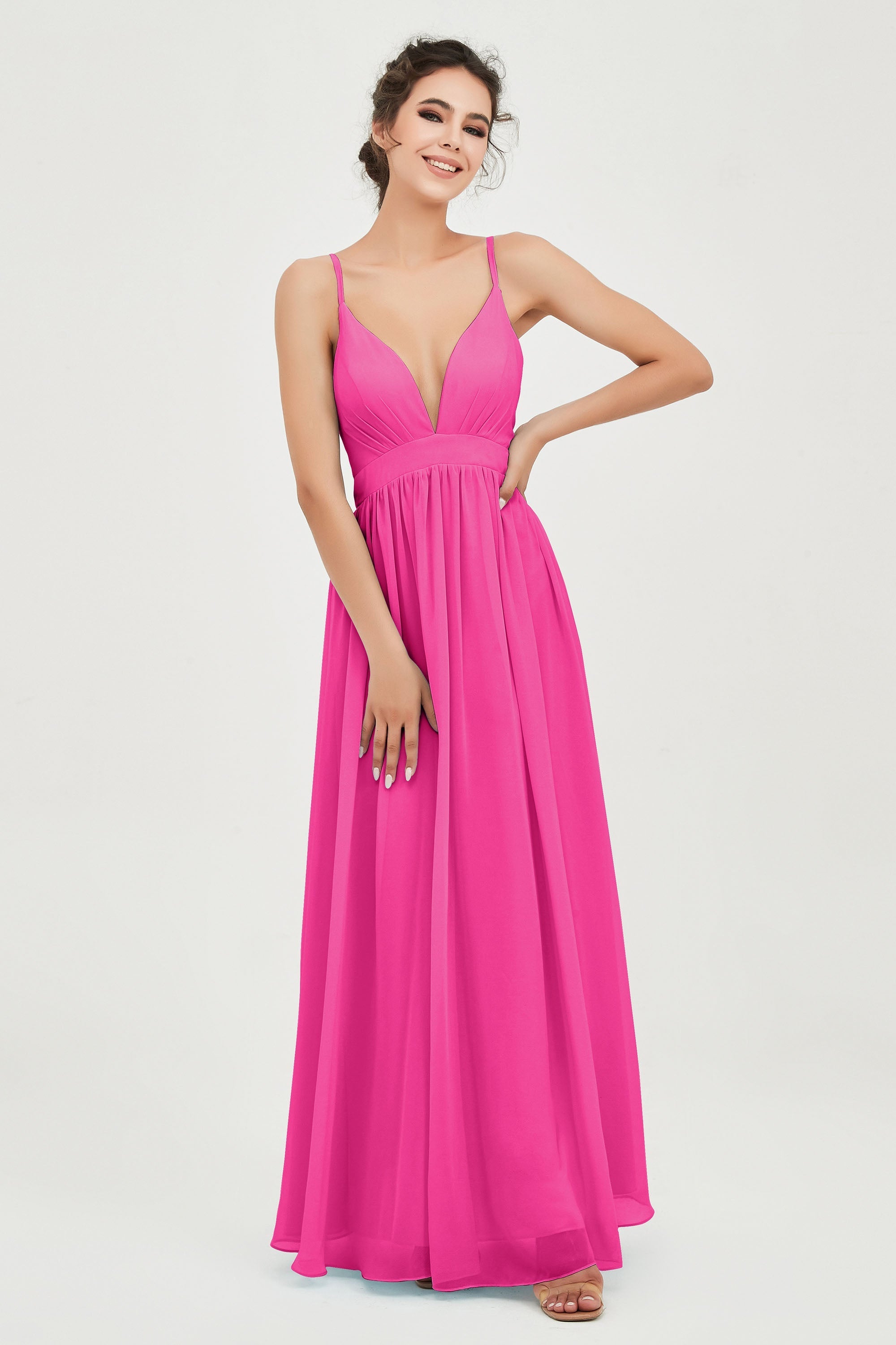 Deep V Neck Sexy Chiffon Bridesmaid Dress Spaghetti Straps Formal Evening Prom Dresses