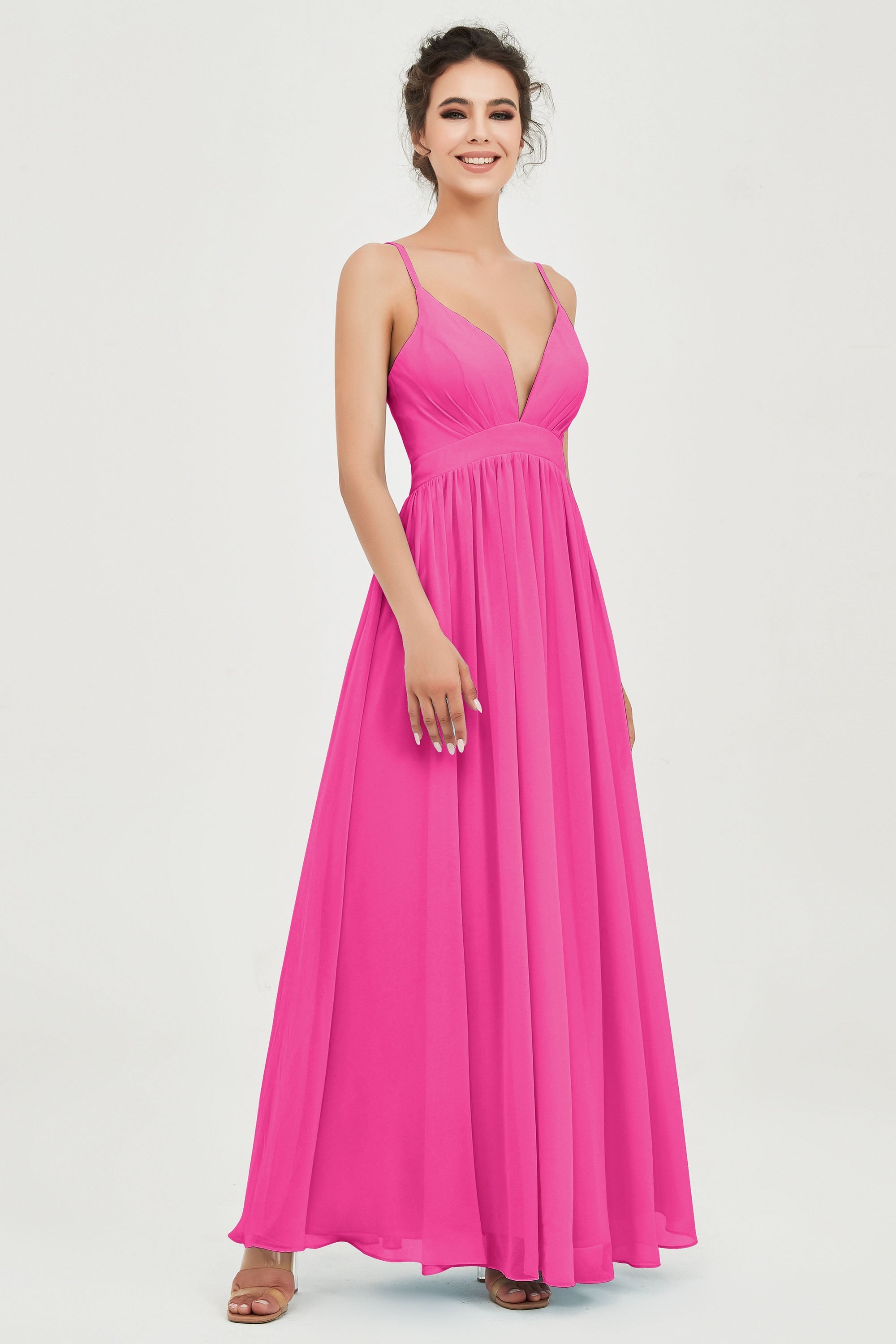 Deep V Neck Sexy Chiffon Bridesmaid Dress Spaghetti Straps Formal Evening Prom Dresses