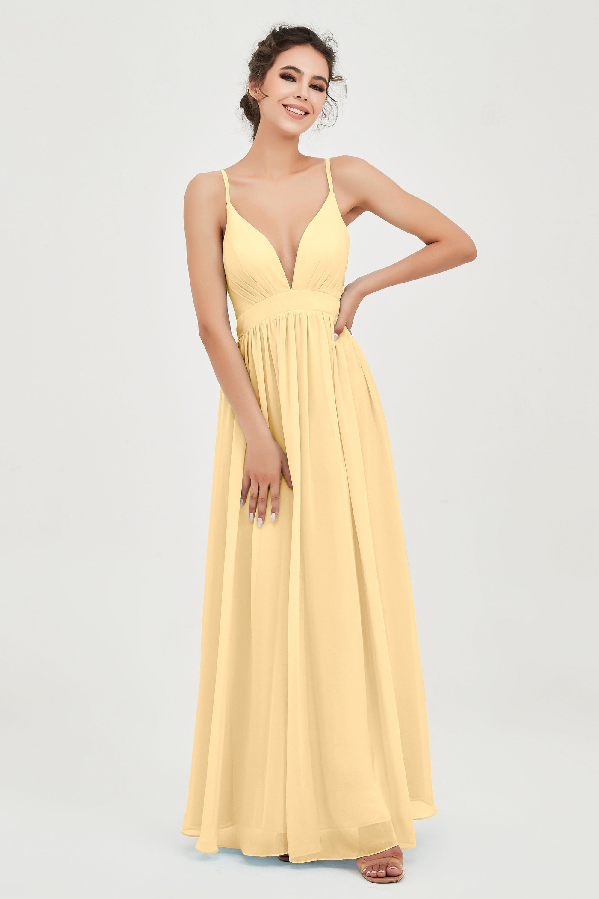 Deep V Neck Sexy Chiffon Bridesmaid Dress Spaghetti Straps Formal Evening Prom Dresses