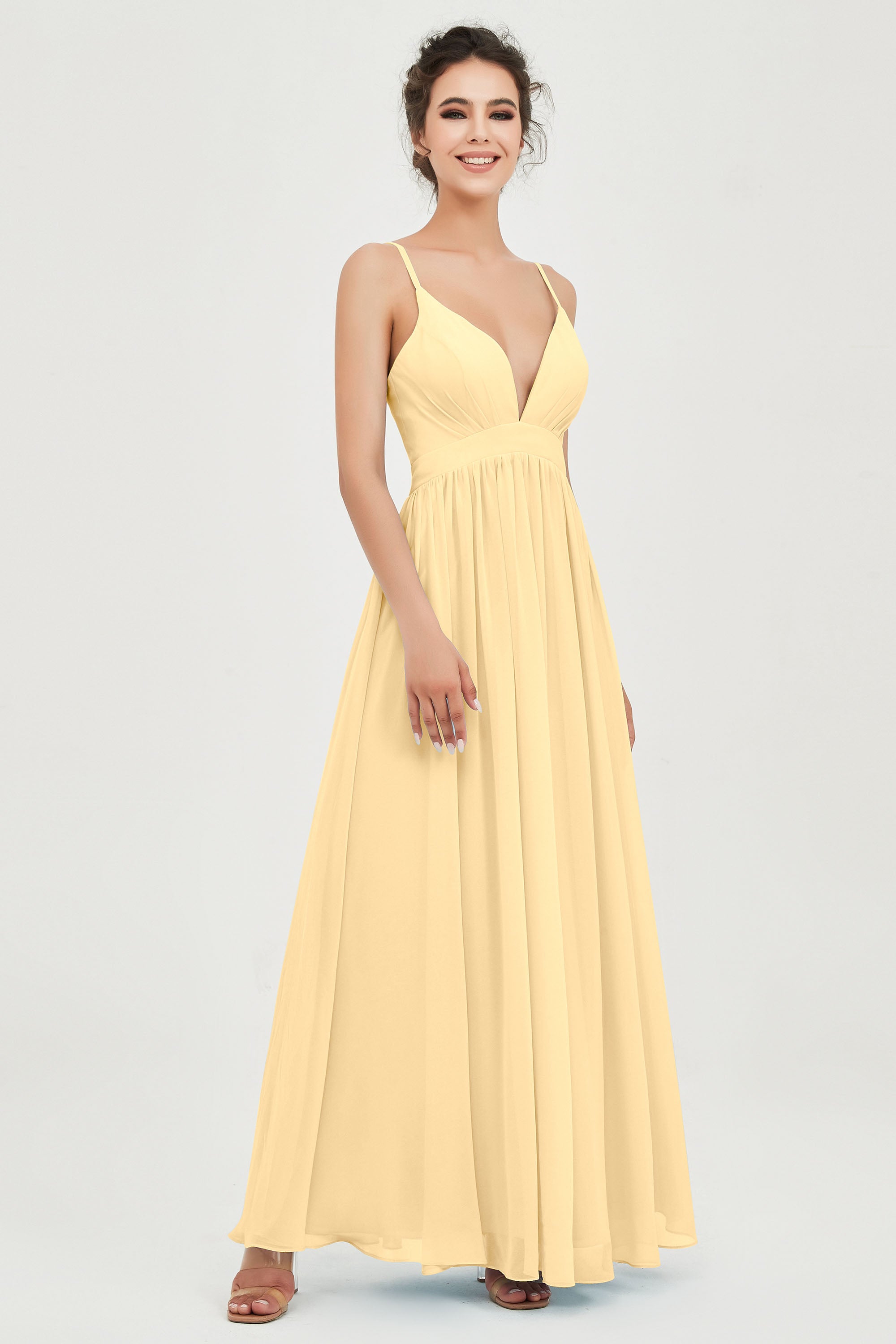 Deep V Neck Sexy Chiffon Bridesmaid Dress Spaghetti Straps Formal Evening Prom Dresses