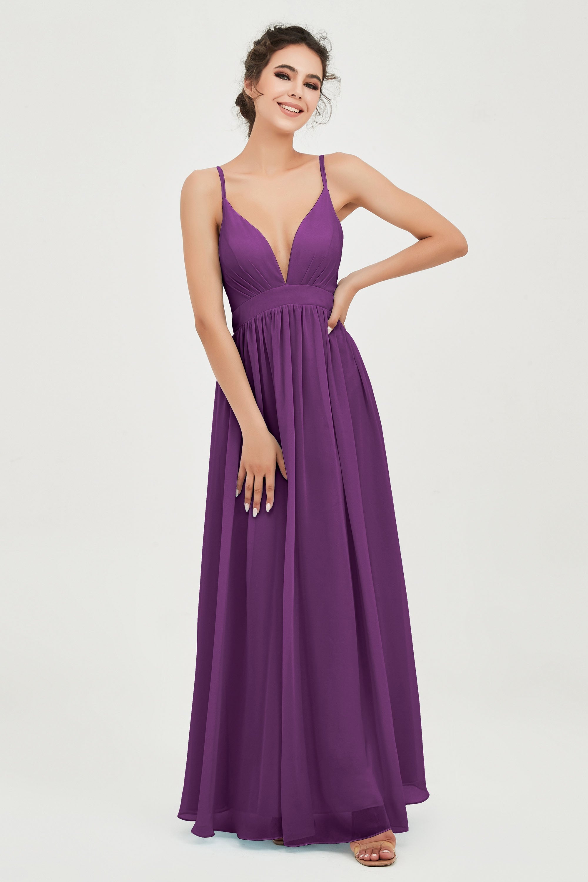 Deep V Neck Sexy Chiffon Bridesmaid Dress Spaghetti Straps Formal Evening Prom Dresses