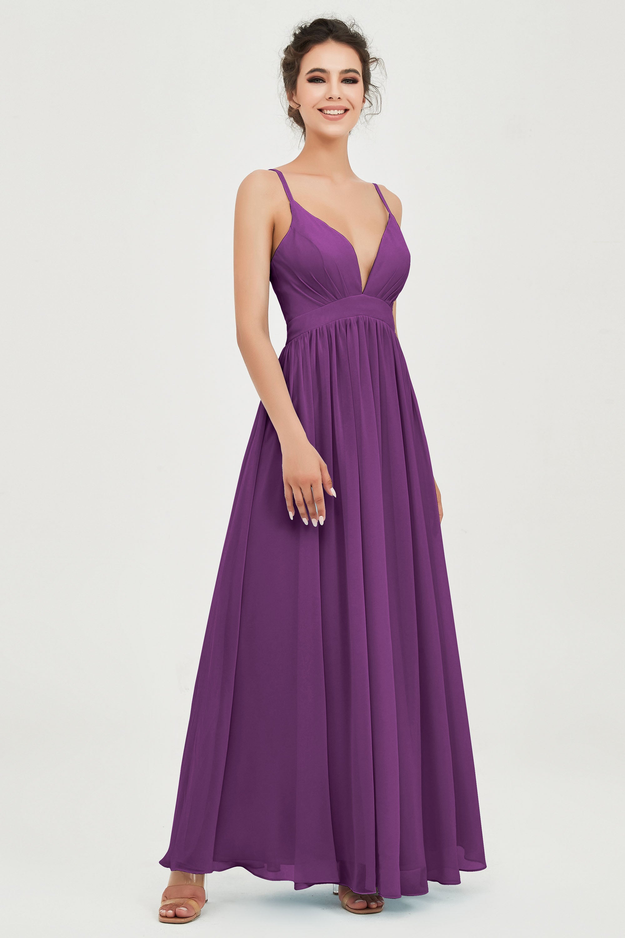 Deep V Neck Sexy Chiffon Bridesmaid Dress Spaghetti Straps Formal Evening Prom Dresses
