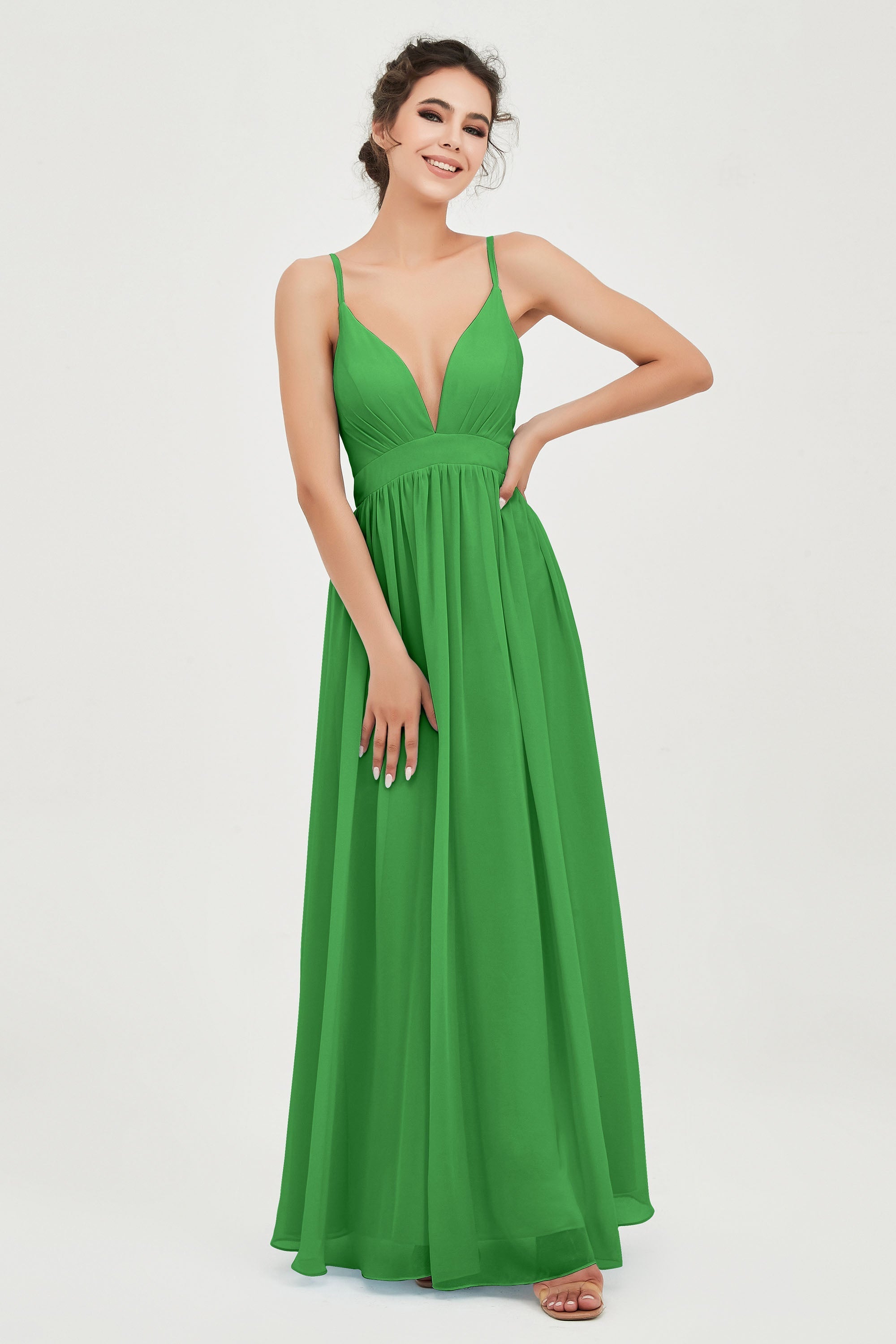 Deep V Neck Sexy Chiffon Bridesmaid Dress Spaghetti Straps Formal Evening Prom Dresses
