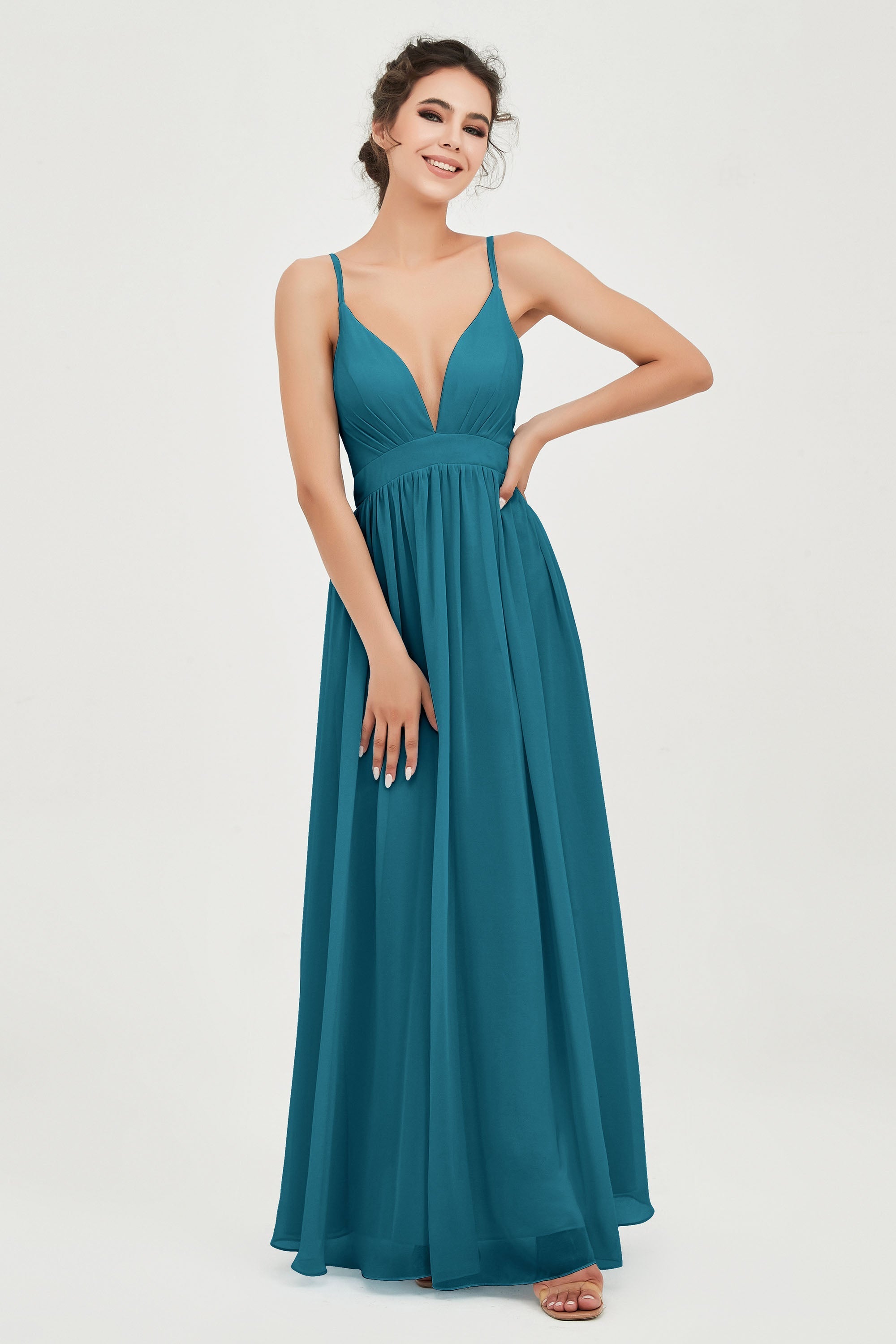 Deep V Neck Sexy Chiffon Bridesmaid Dress Spaghetti Straps Formal Evening Prom Dresses