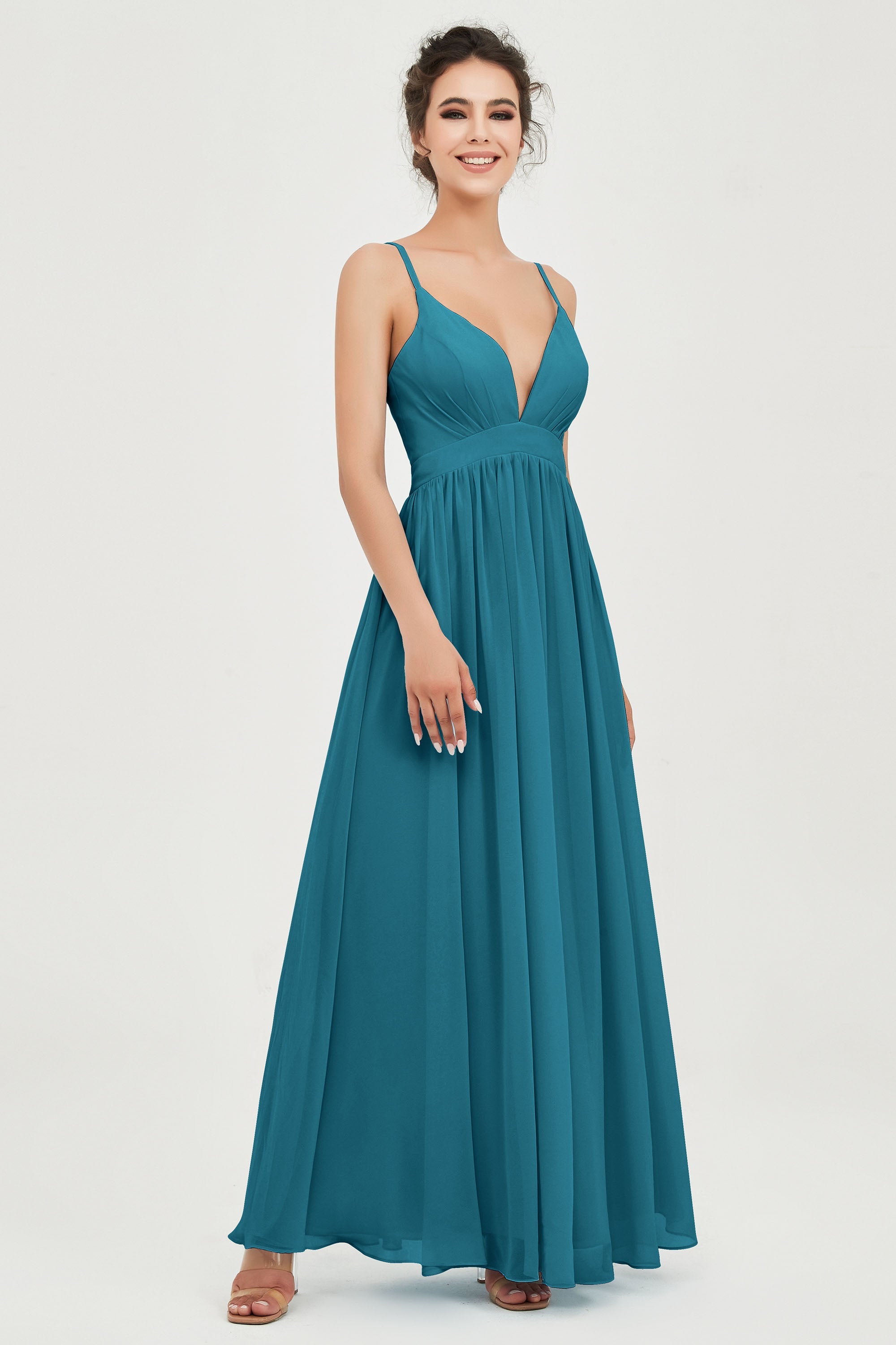 Deep V Neck Sexy Chiffon Bridesmaid Dress Spaghetti Straps Formal Evening Prom Dresses