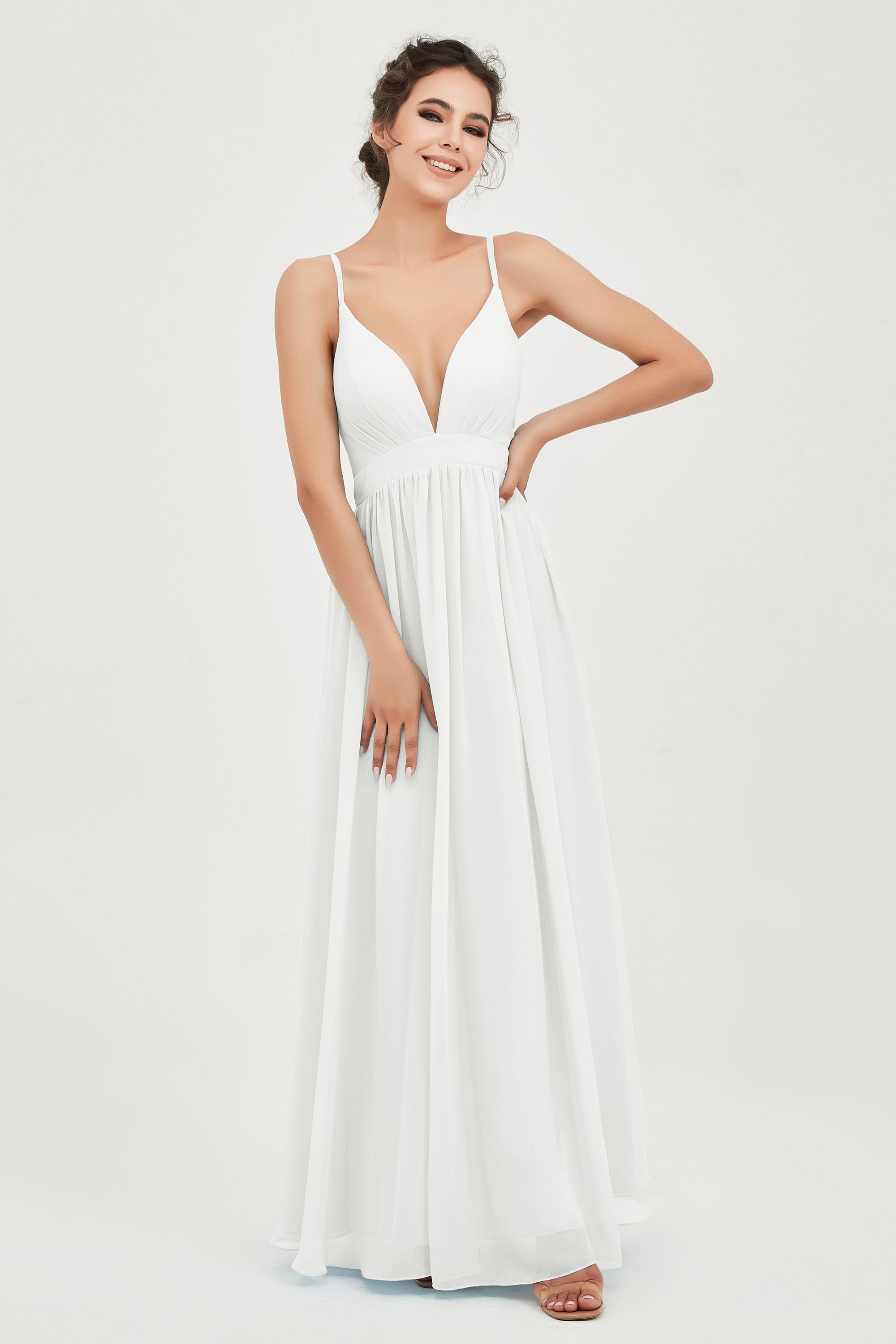 Deep V Neck Sexy Chiffon Bridesmaid Dress Spaghetti Straps Formal Evening Prom Dresses