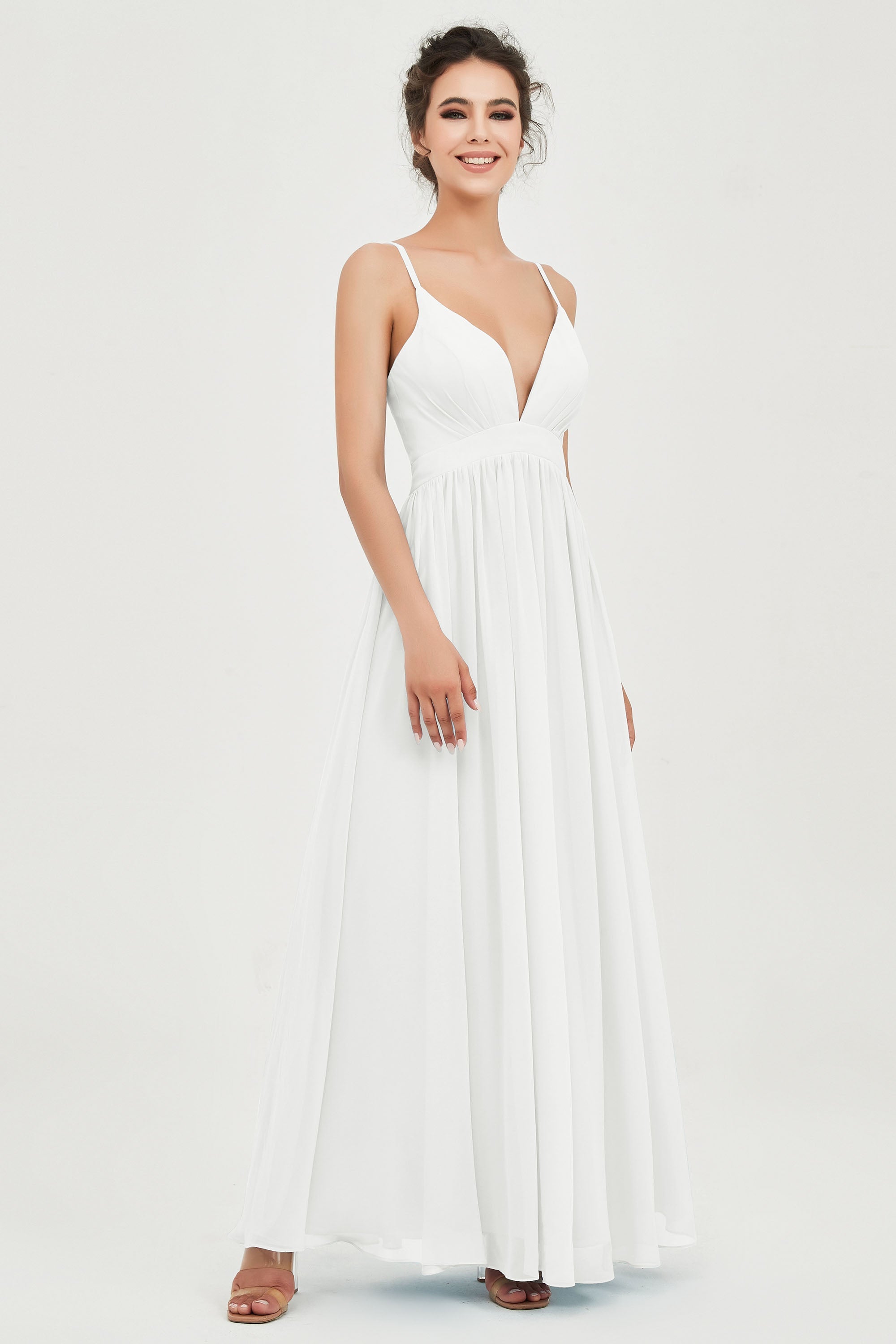 Deep V Neck Sexy Chiffon Bridesmaid Dress Spaghetti Straps Formal Evening Prom Dresses