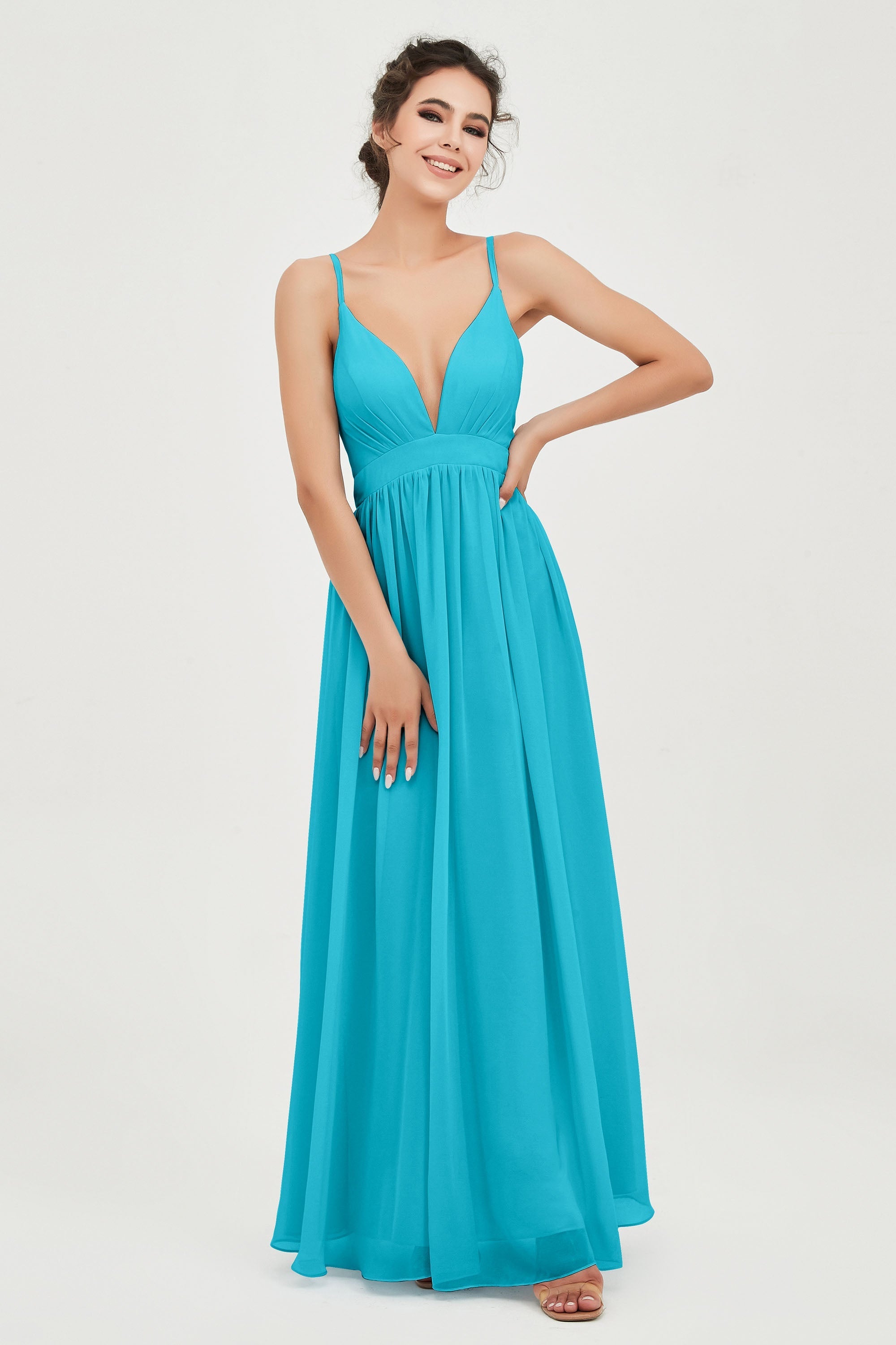 Deep V Neck Sexy Chiffon Bridesmaid Dress Spaghetti Straps Formal Evening Prom Dresses