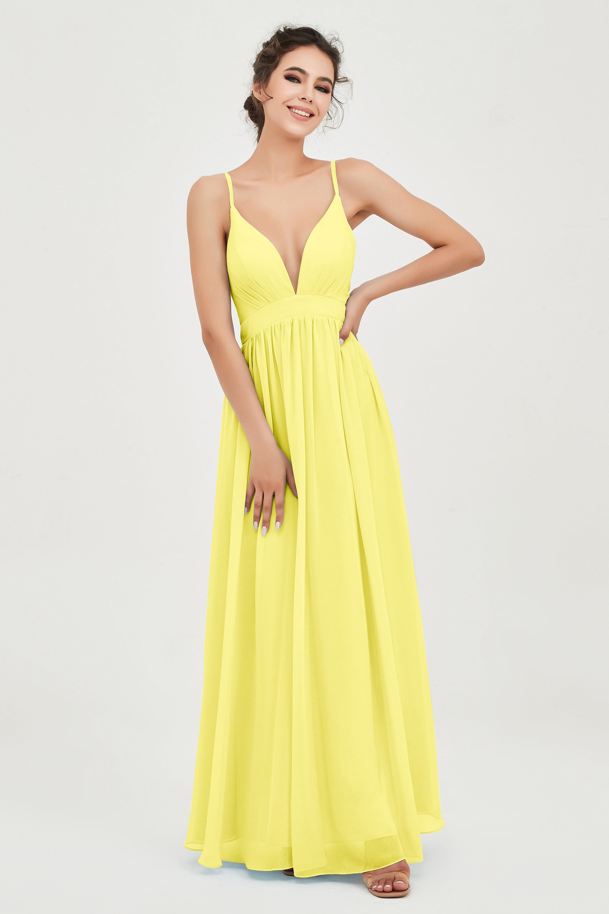 Deep V Neck Sexy Chiffon Bridesmaid Dress Spaghetti Straps Formal Evening Prom Dresses