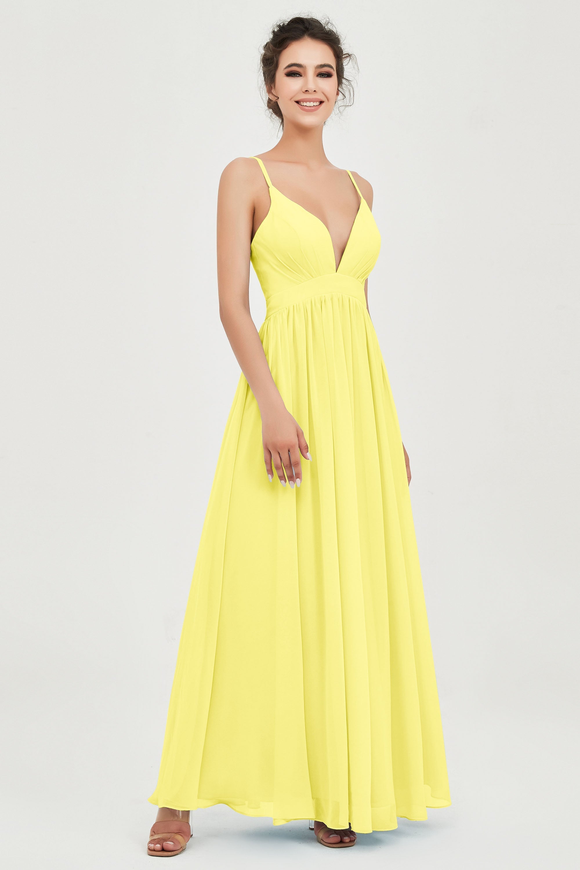 Deep V Neck Sexy Chiffon Bridesmaid Dress Spaghetti Straps Formal Evening Prom Dresses