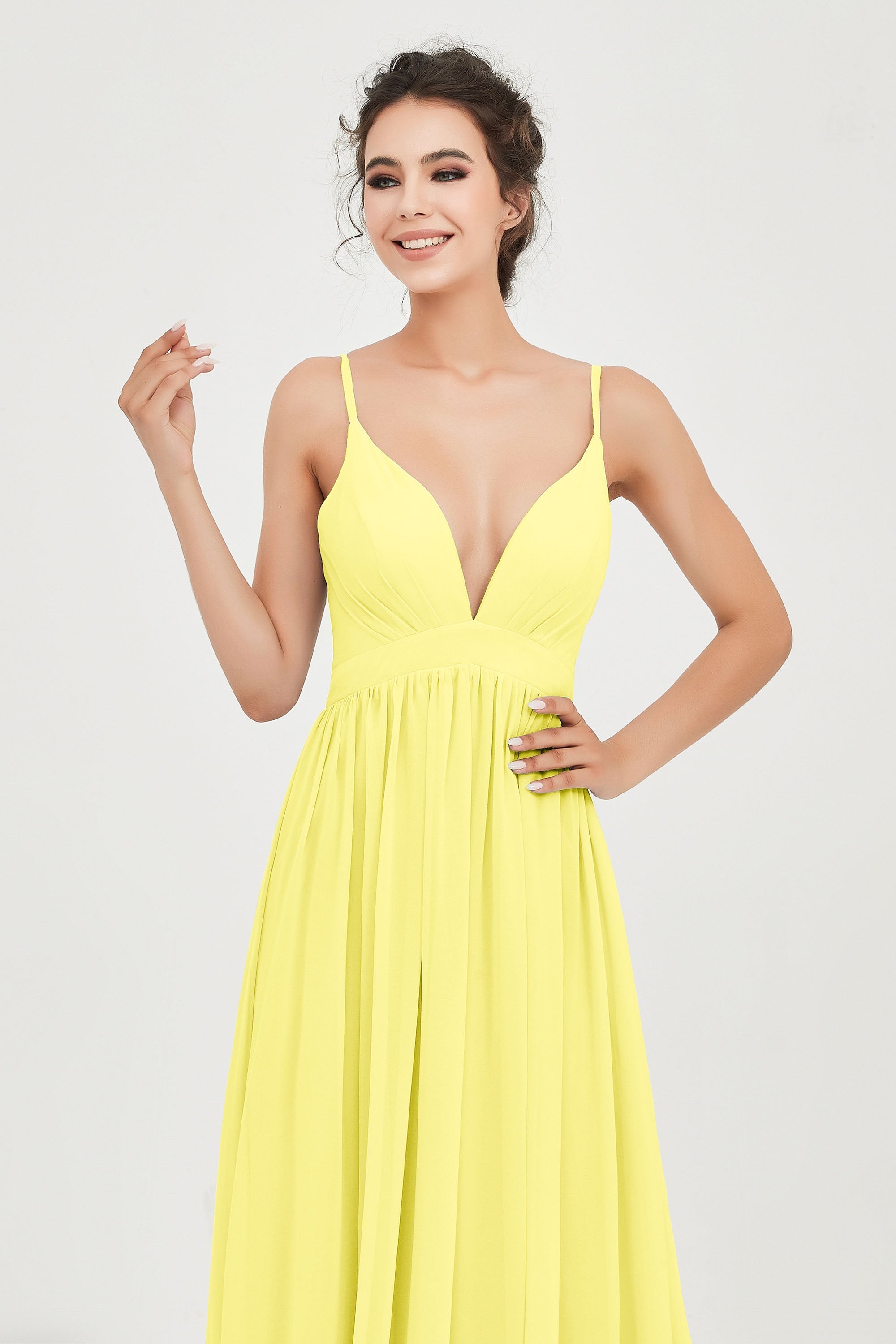 Deep V Neck Sexy Chiffon Bridesmaid Dress Spaghetti Straps Formal Evening Prom Dresses