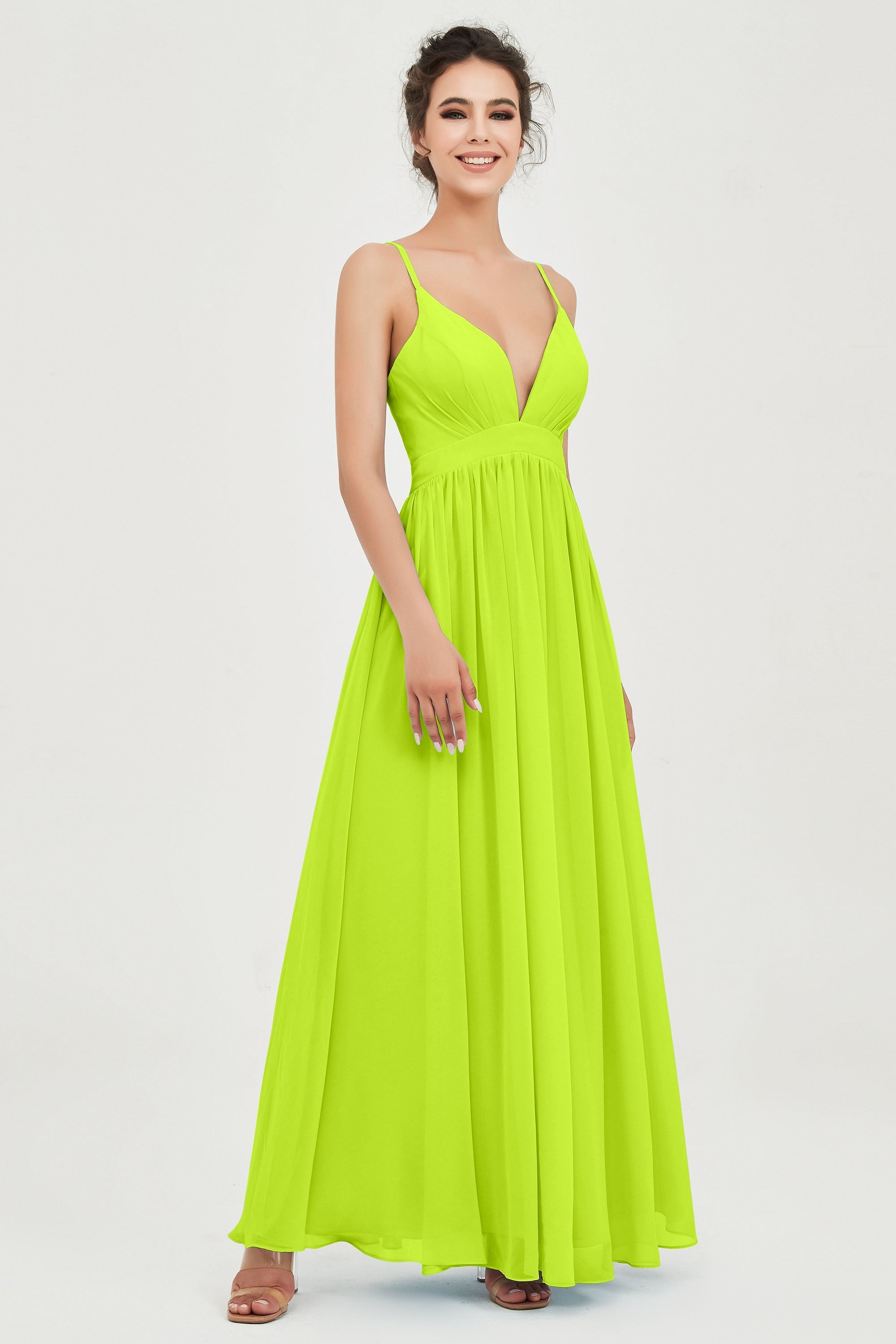 Deep V Neck Sexy Chiffon Bridesmaid Dress Spaghetti Straps Formal Evening Prom Dresses